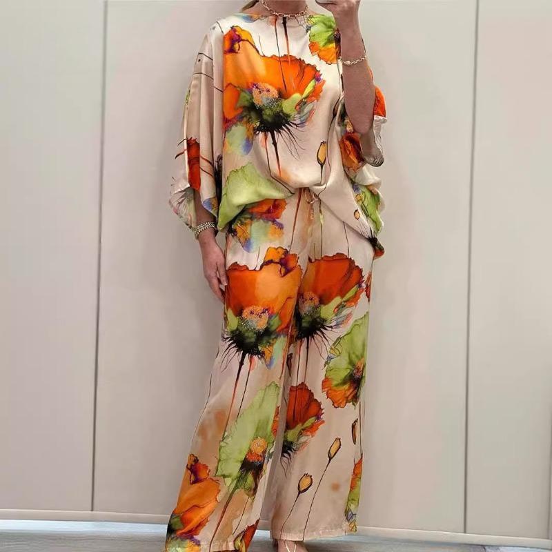 Summer Spring Elegant One Neck Loose Printed Bat Sleeve Drawstring Pant Suit