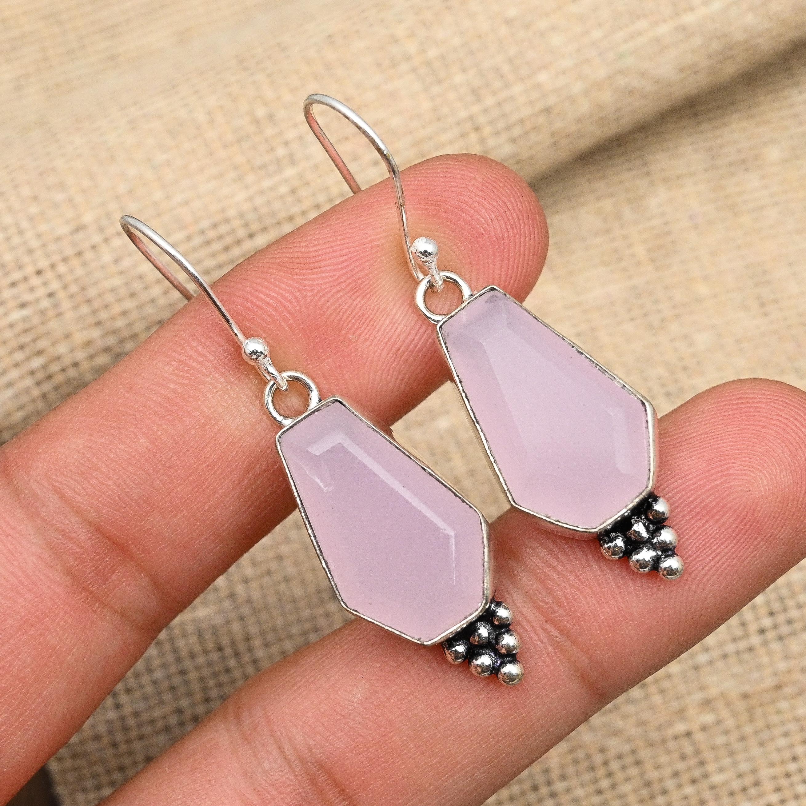 Pink Chalcedony Gemstone Handmade 925 Sterling Silver Earring Jewelry For Love