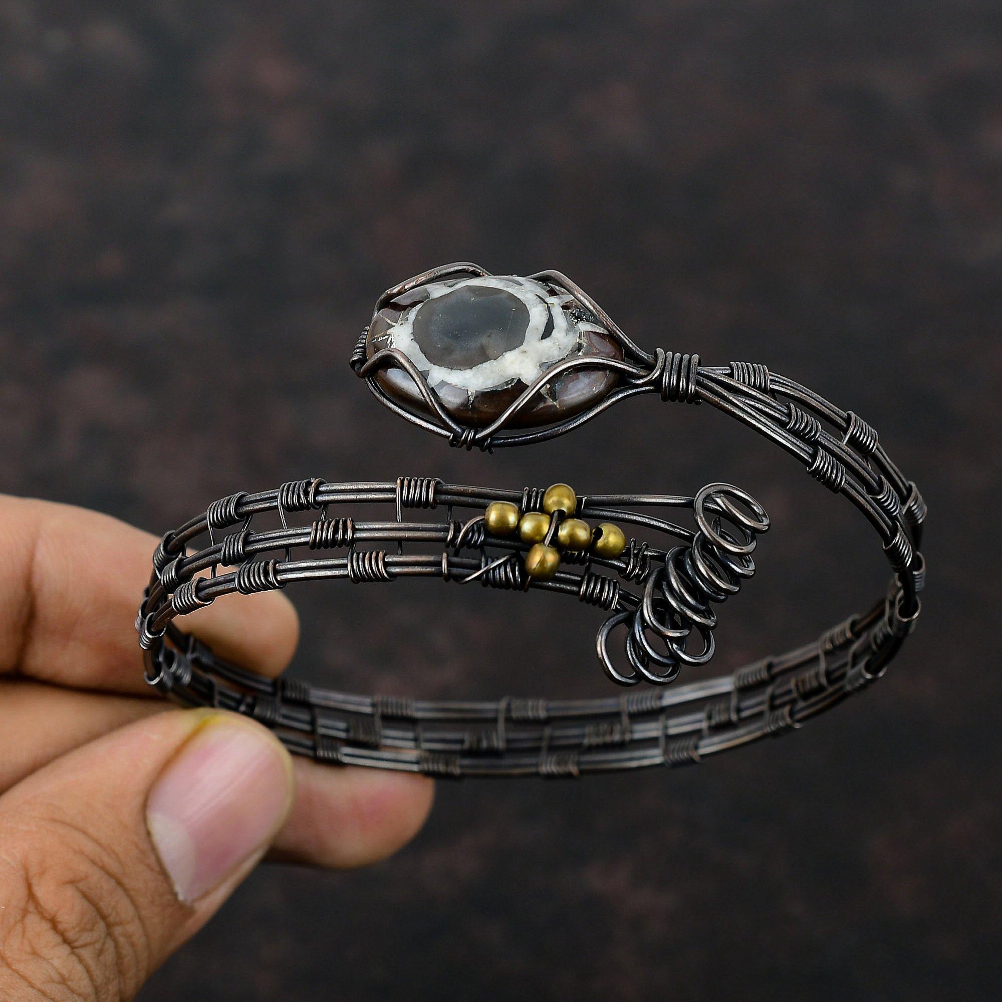 Moroccan Mud Crack Fossil Cuff Bracelet Copper Wire Wrapped Gemstone Bangle Handmade Cuff Adjustable Bangle Copper Wire Jewelry Gift For Her