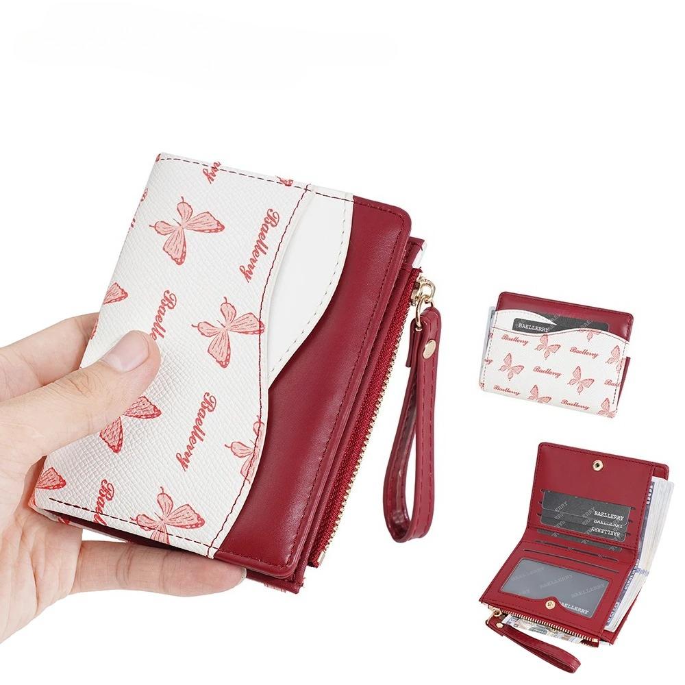 Color Block Wallet Ins Short Bifold Purse for Girls Butterfly Print PU Card Holder