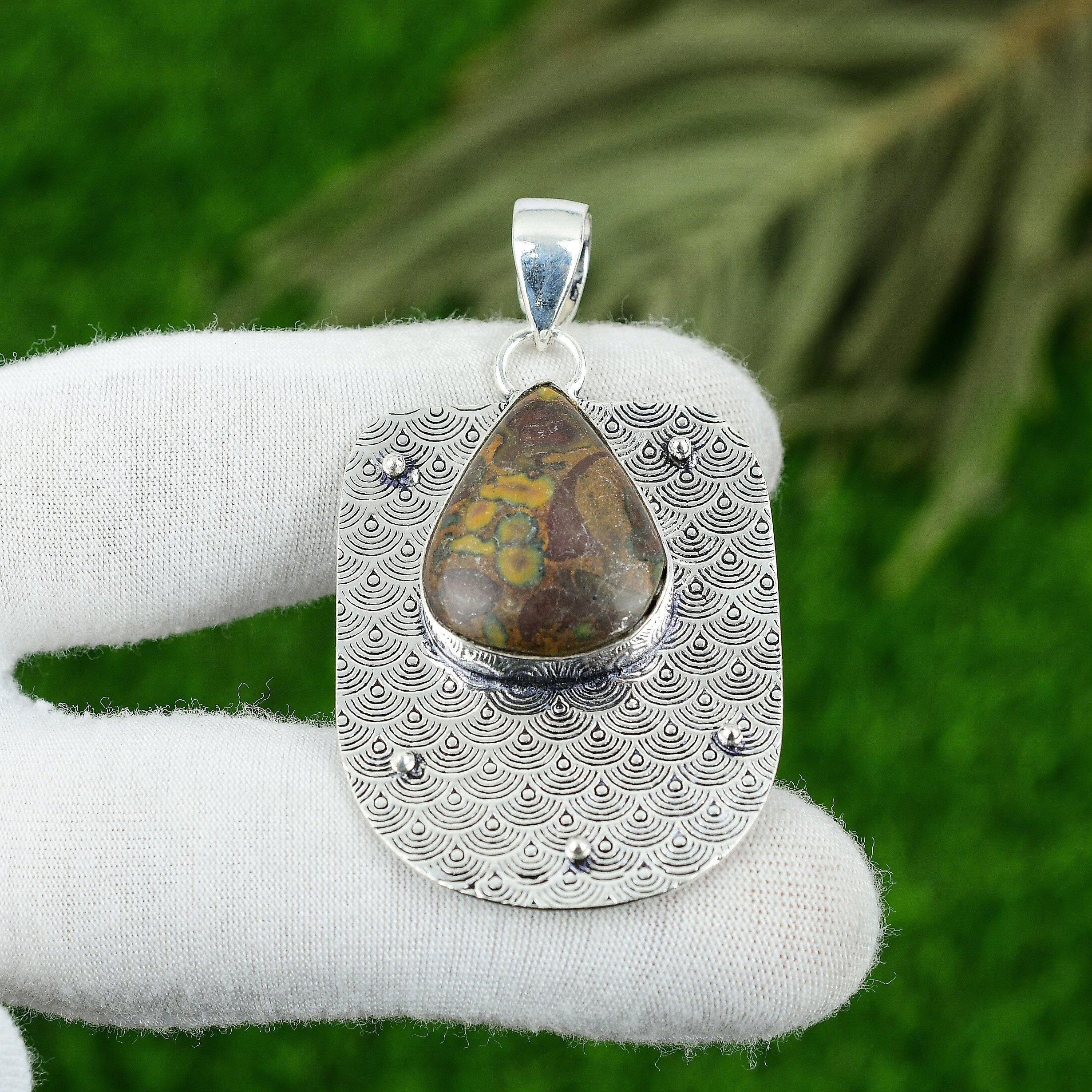 925 Sterling Silver Natural Fruit Jasper Handmade Bezel Engagement Boho Pendant