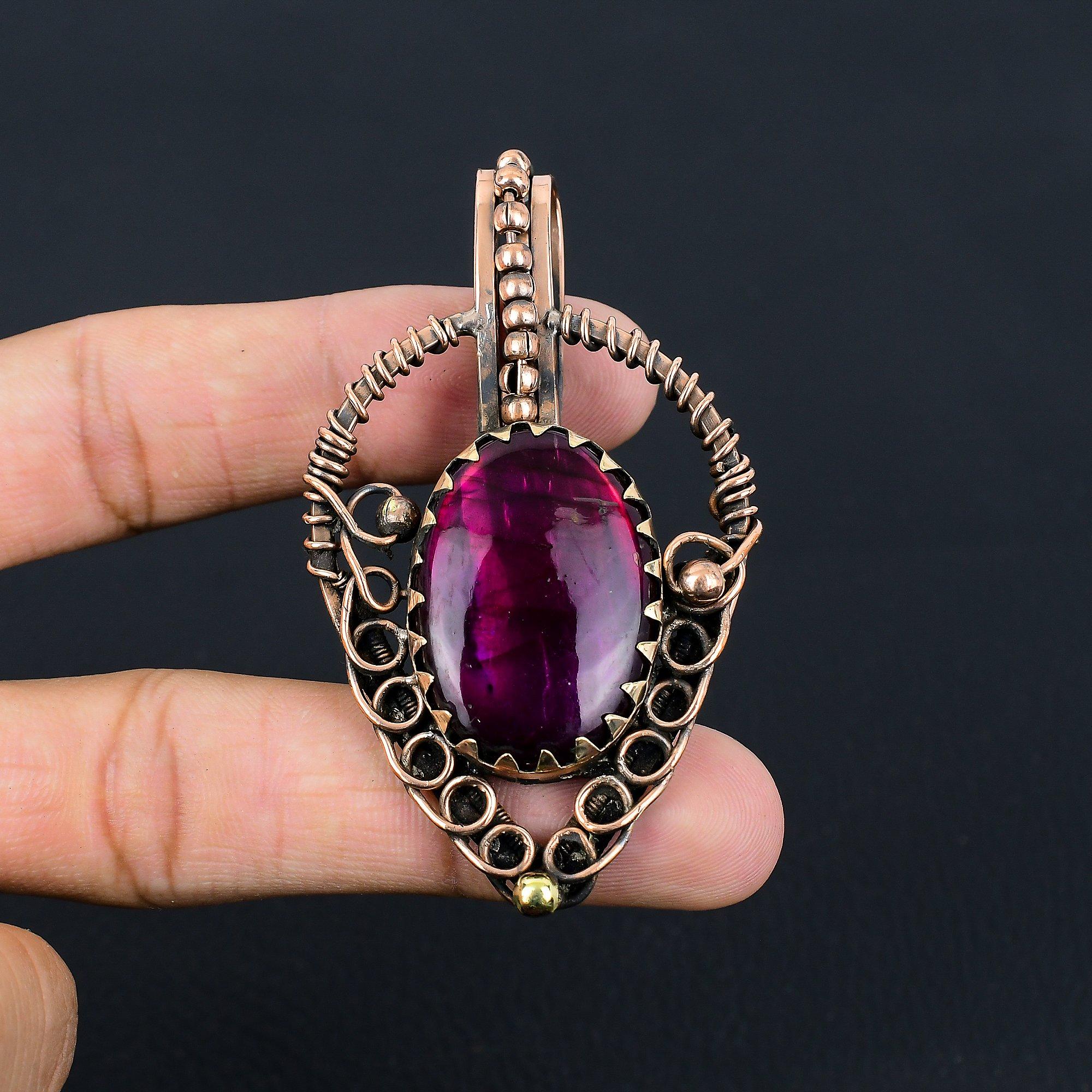 Pink Flash Labradorite Gemstone Handmade Jewelry Pure Copper Wire Wrapped Pendant