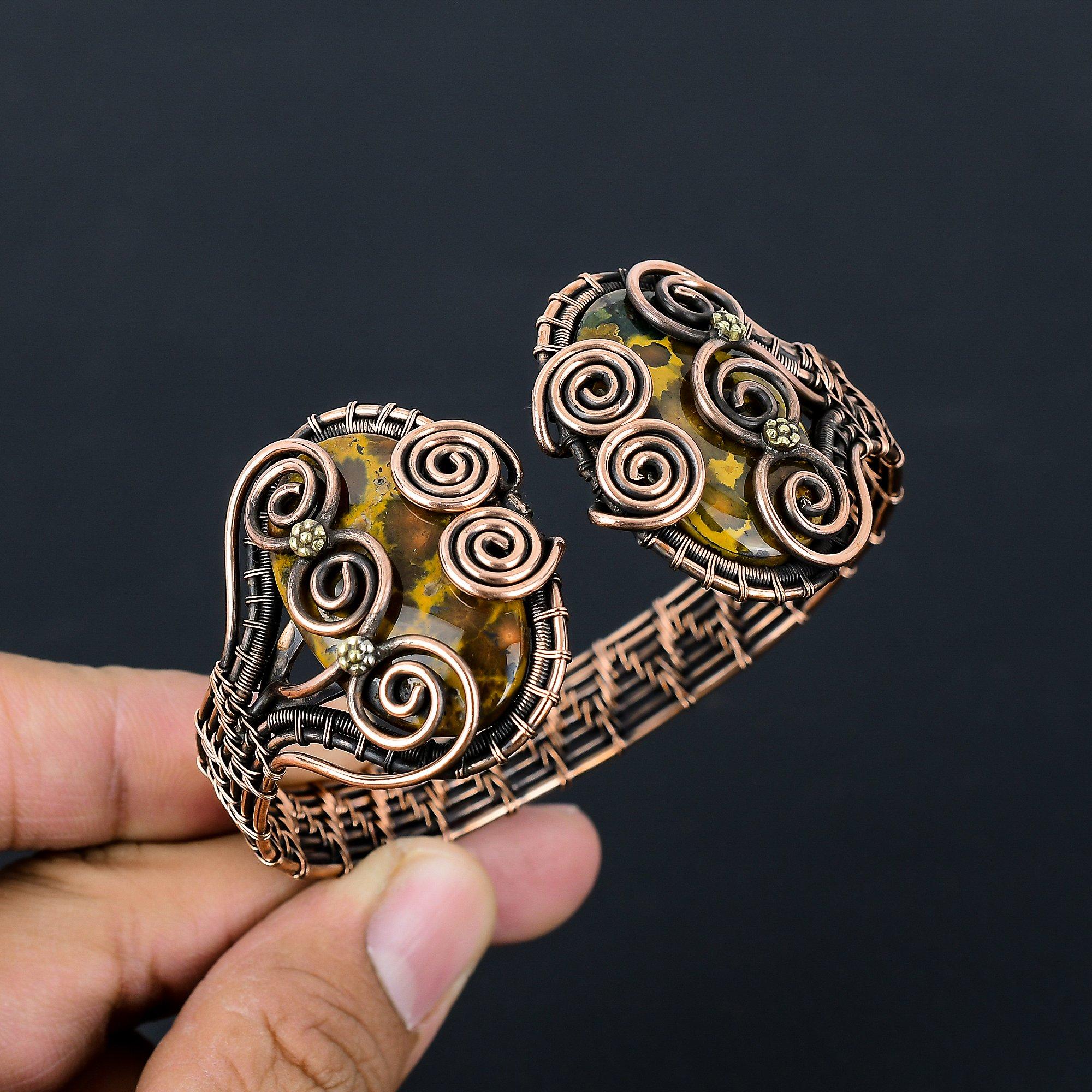 Bamboo Jasper Gemstone Pure Copper Wire Wrapped Handmade Cuff/ Bangle Adjustable Jewelry For Her