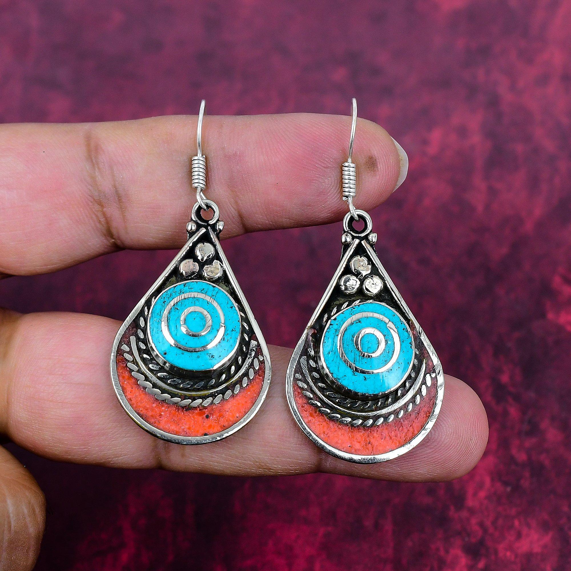 Turquoise & Coral 925 Solid Sterling Silver Earrings, Handmade Gemstone Nepali Earrings Jewelry, Gifts For Wife Brand New Earrings