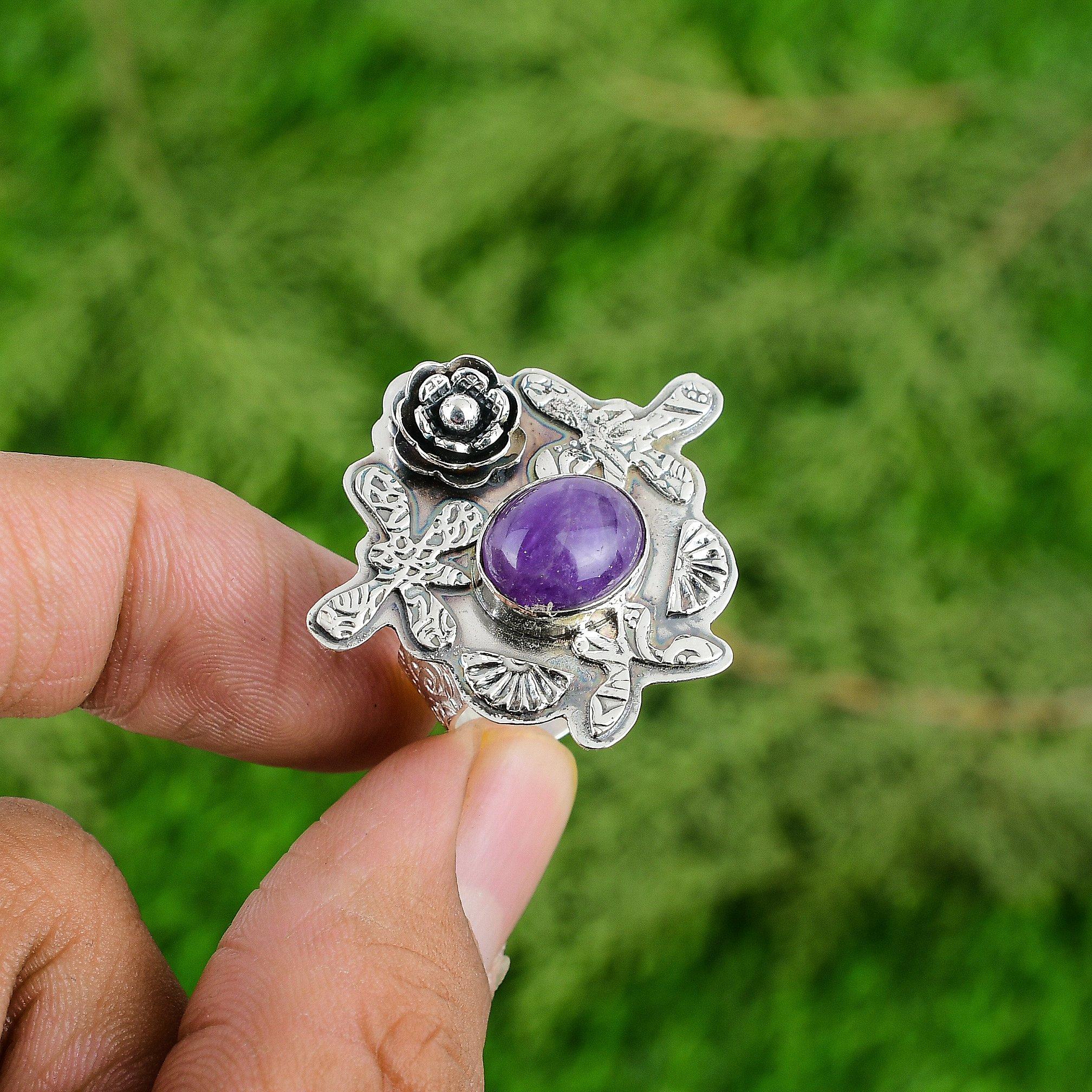 Natural African Amethyst 925 Silver Multi Stone Flower Adjustable Ring For Girls