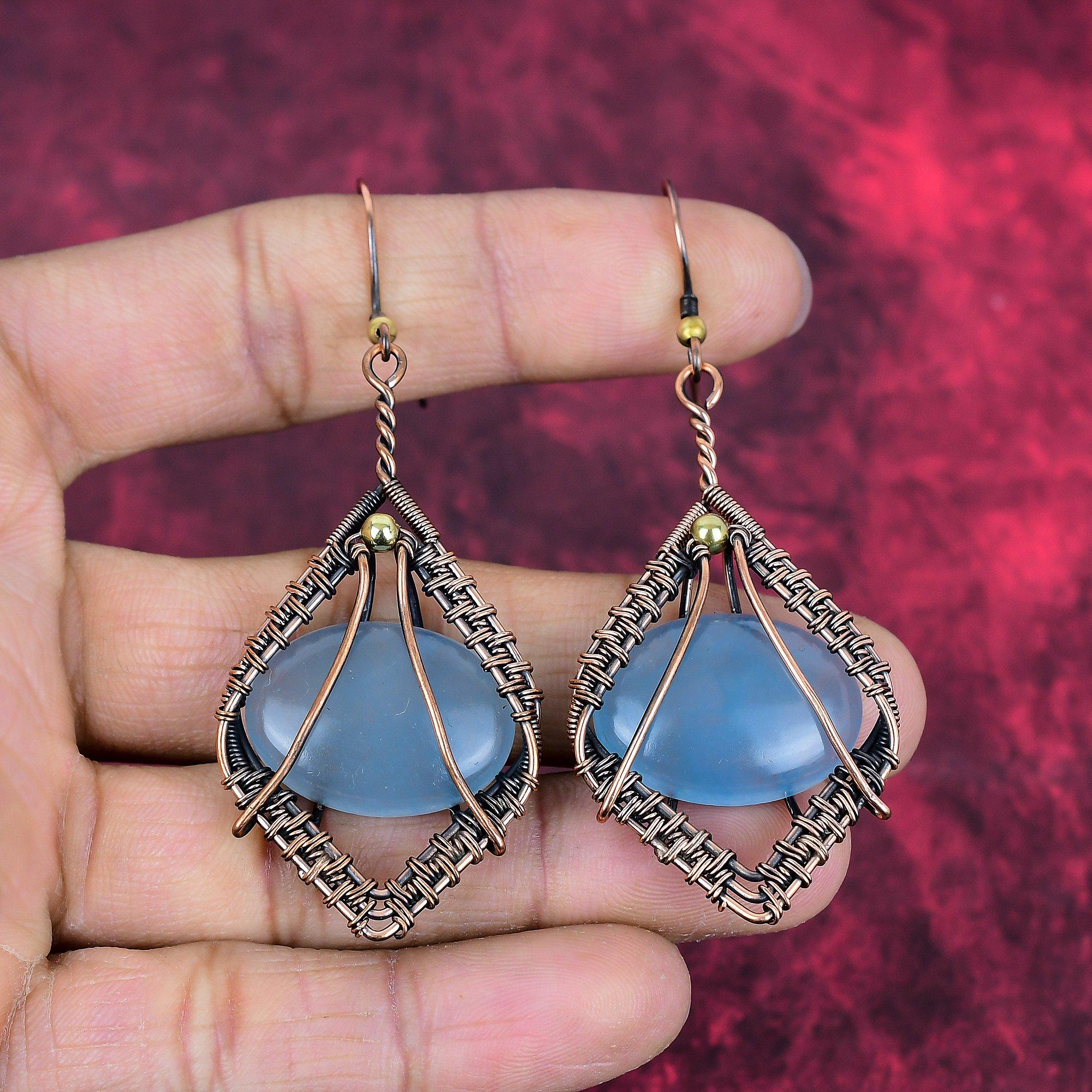 Aquamarine Earrings Copper Wire Wrapped Earring Handmade Copper Jewelry Natural Gemstone Earrings Gifts for Wife Wire Jewelry Dangle Earring