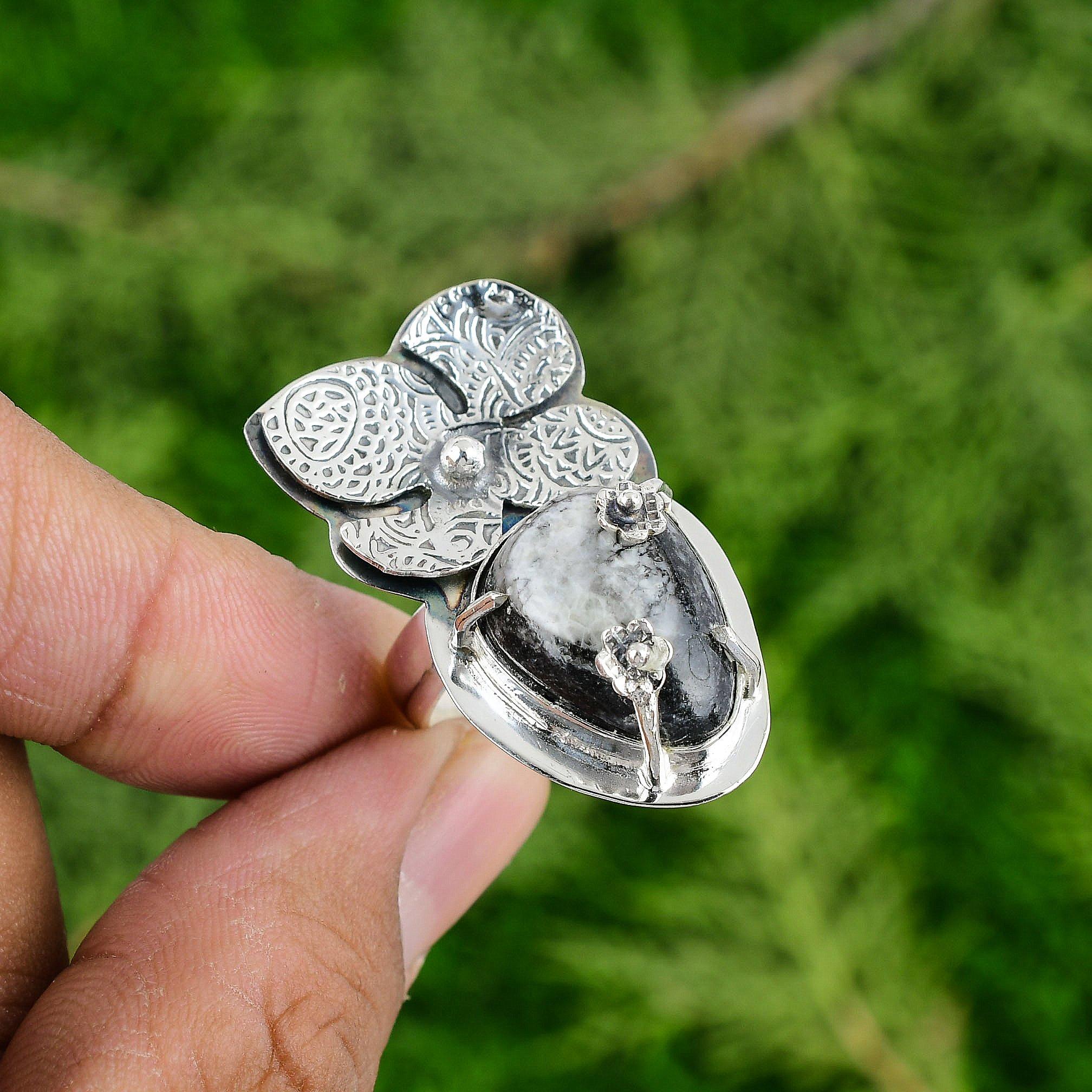 925 Silver Orthoceras Fossil Stone Art Deco Flower Promise Daughter Ring Jewelry