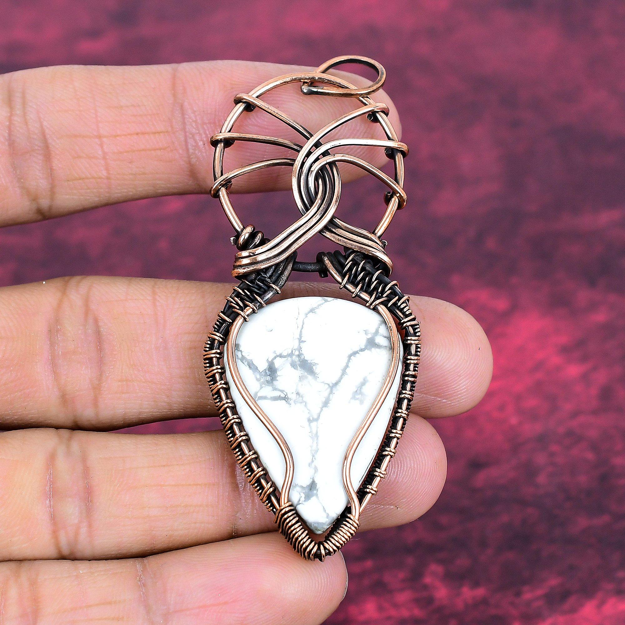 Howlite Gemstone Pendant Copper Wire Wrapped Handmade Pendant Designer Jewelry