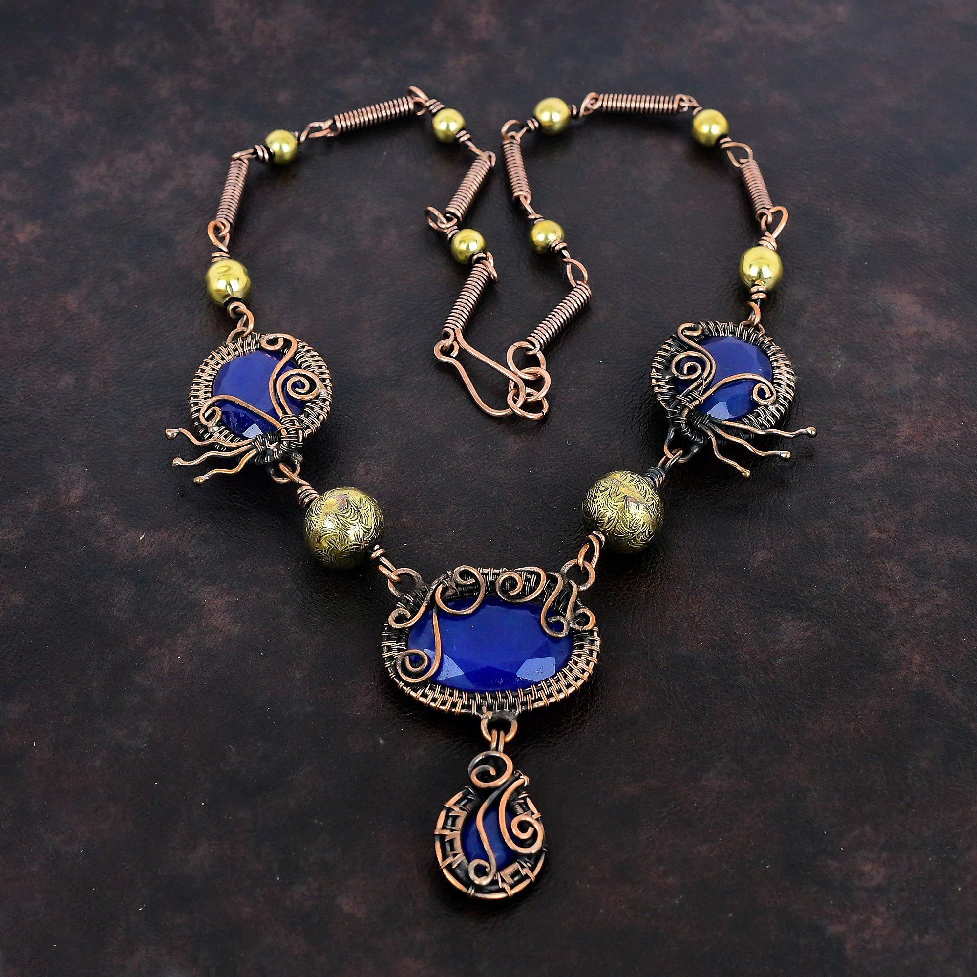 Faceted Blue Sapphire Gemstone Necklace Copper Wire Wrapped Adjustable Chain Necklace Handmade Necklace Wire Wrapped Jewelry Wedding Gifts