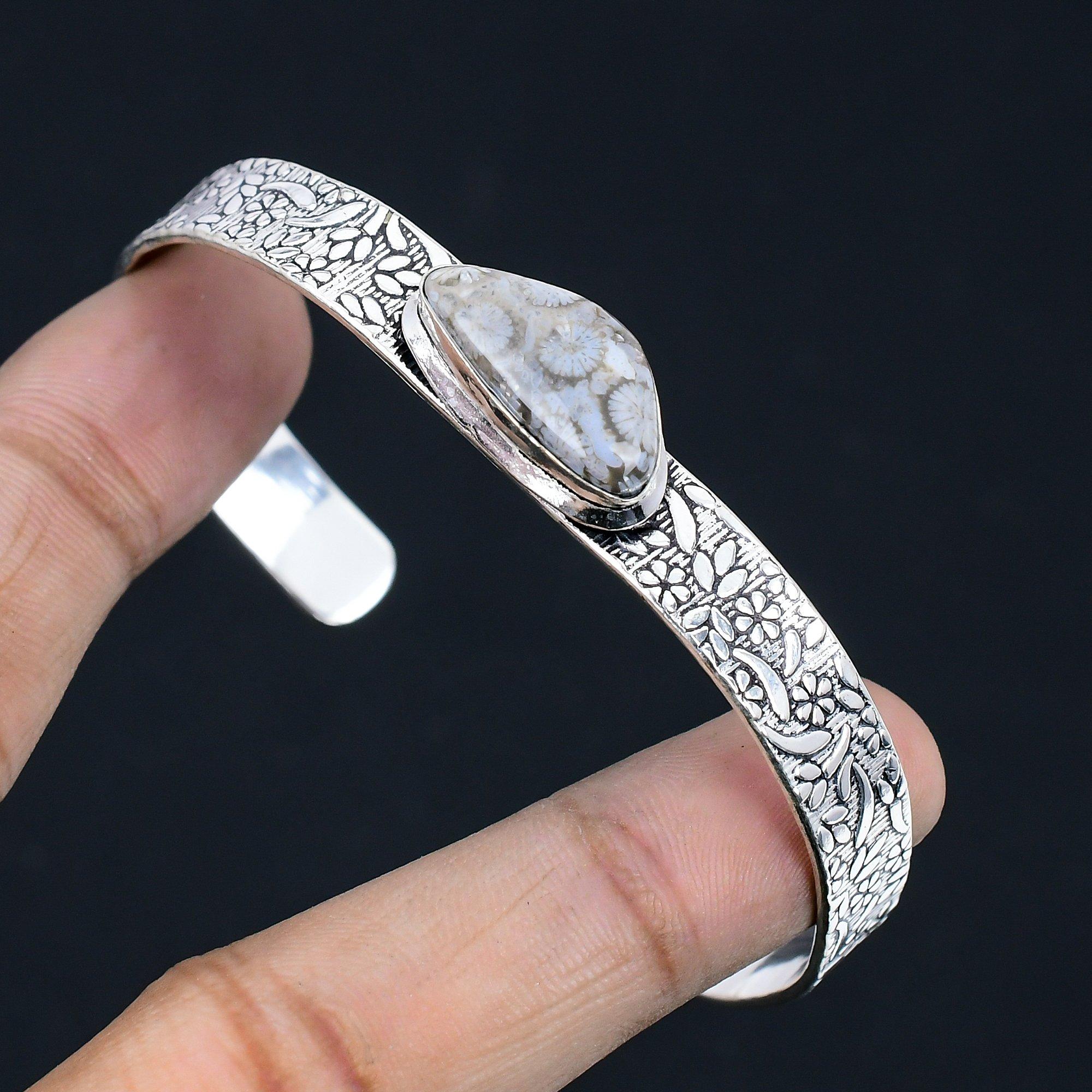 Sisters Day Deal Sterling Silver Fossil Coral Gemstone Engagement Bangle Jewelry