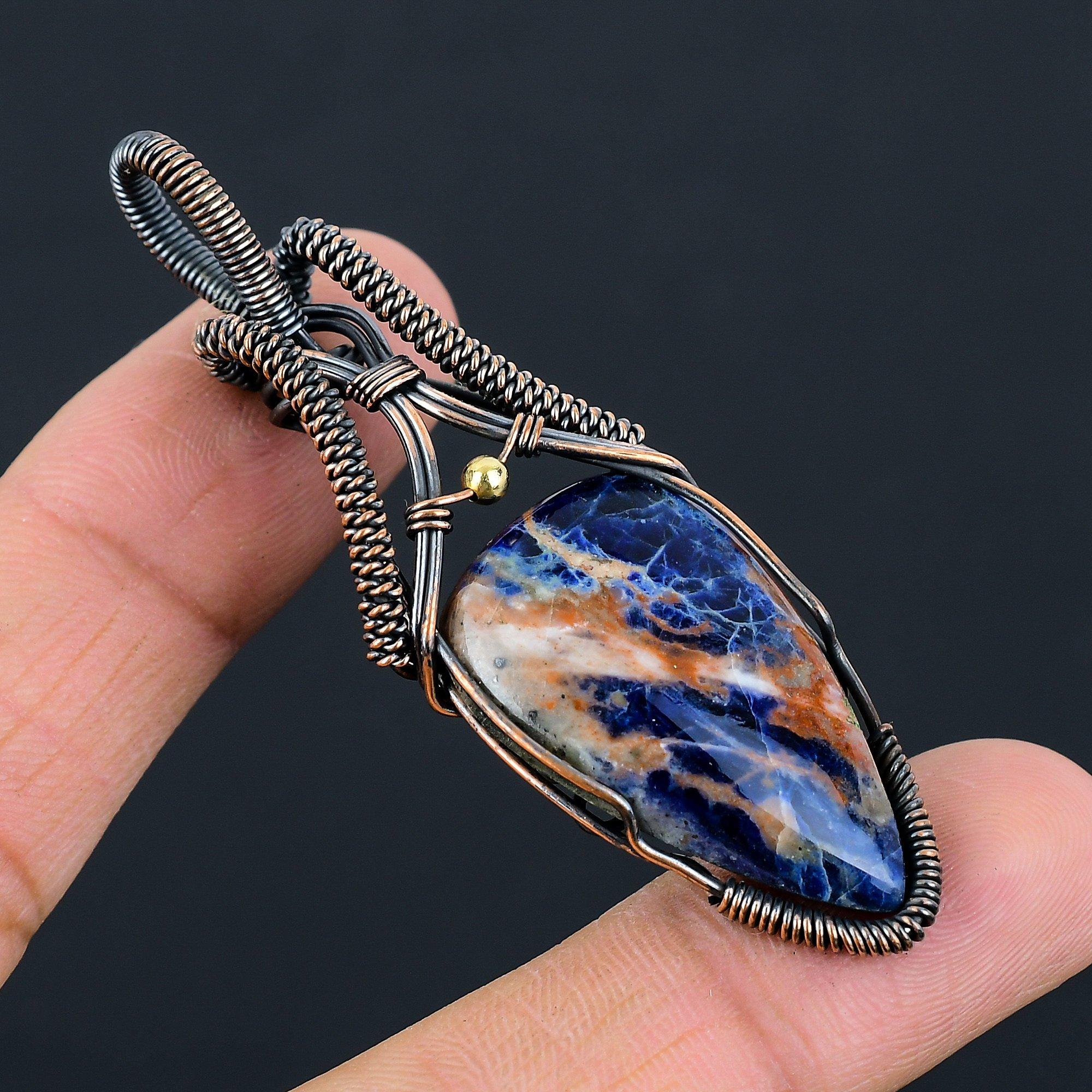 Orange Sodalite Gemstone Pure Copper Wire Wrapped Handmade Pendant Jewelry For Her