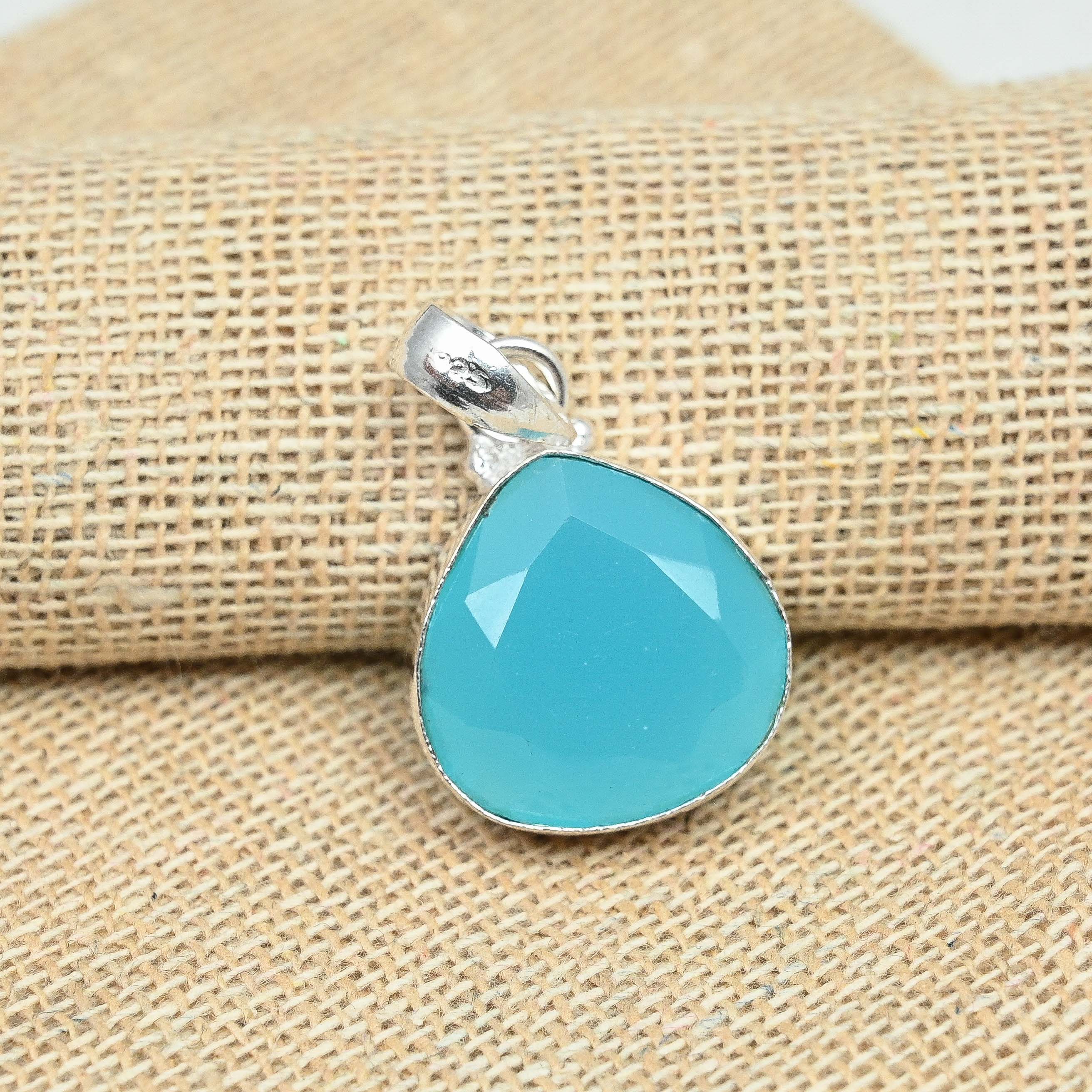 Blue Chalcedony Gemstone 925 Sterling Silver Handmade Pendant Jewelry Beauteous Gift For Her