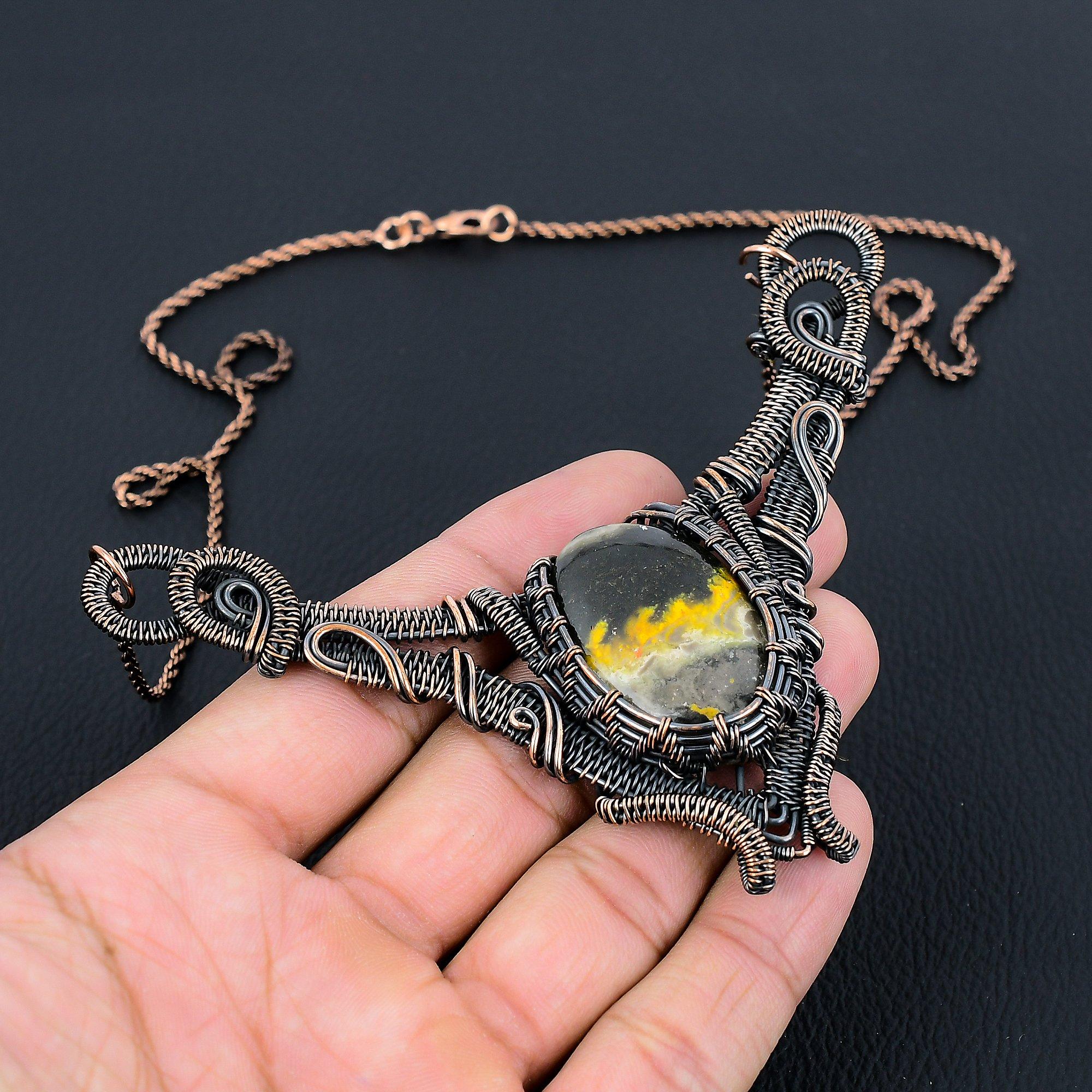 Bumblebee Jasper Gemstone Pure Copper Wire Wrapped Handmade Necklace Jewelry For Gift