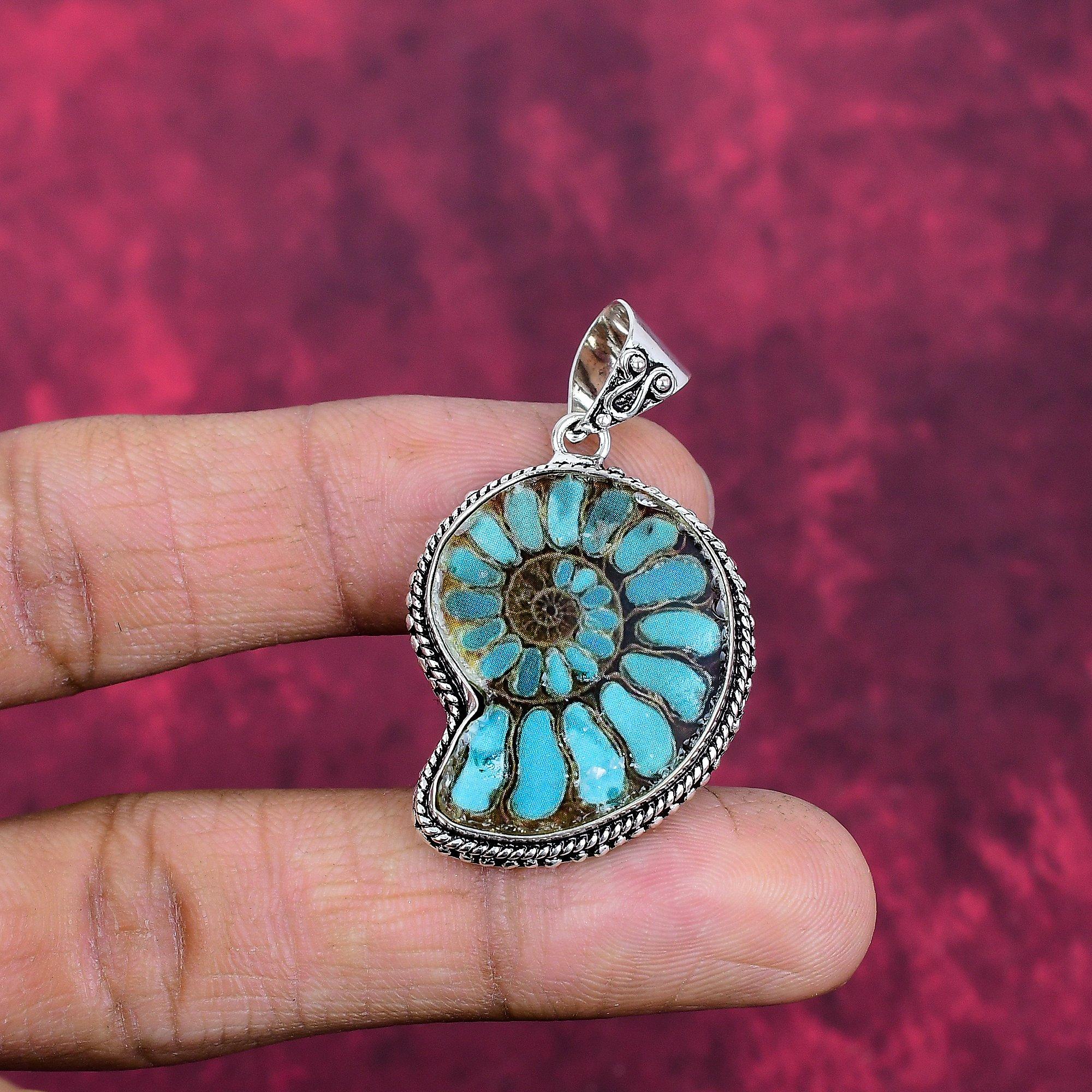 Ammonit Fossil Schmuck, 925 Sterlingsilber Anhänger Handgefertigter Edelsteinschmuck, Geschenke für Ehefrau Brandneuer Anhänger