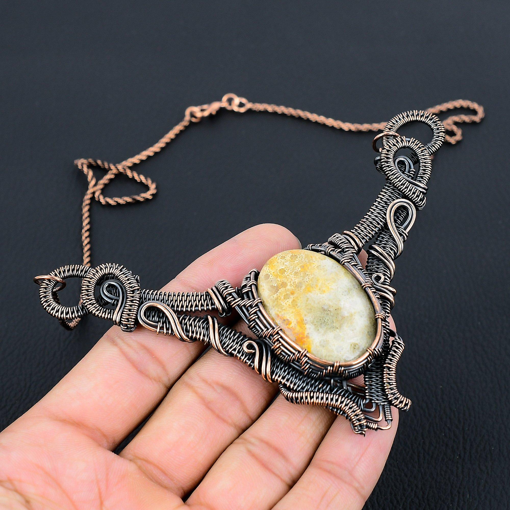 Fossil Coral Gemstone Pure Copper Wire Wrapped Handmade Necklace Jewelry For Gift