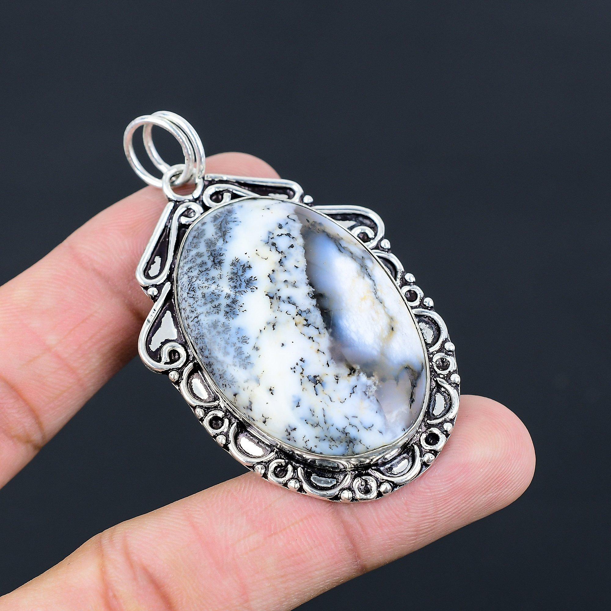 Oval Natural Dendrite Opal 925 Silver Sister Bezel Art Deco Boho Pendant Jewelry