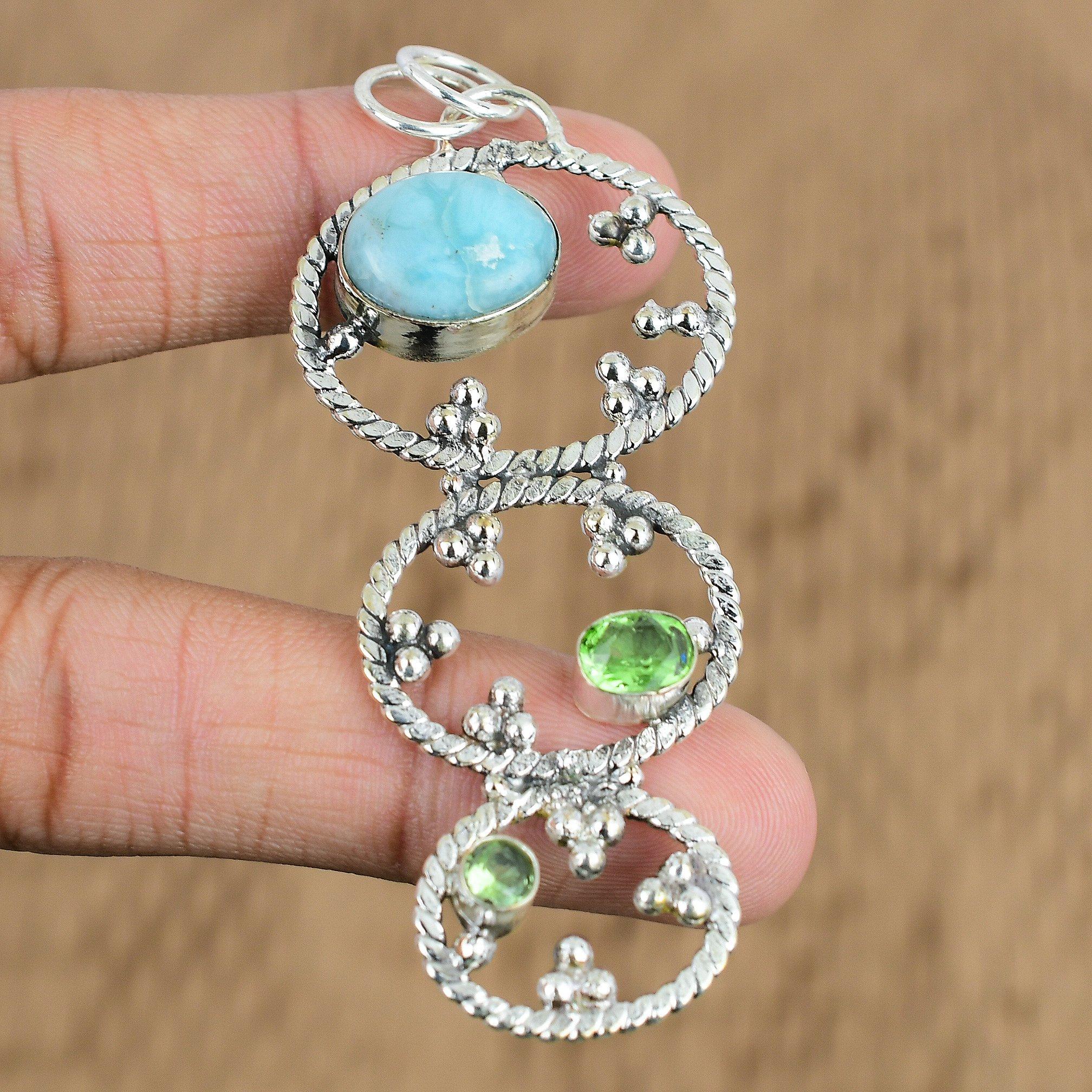 Mothers Day Sale Oval Natural Larimar Peridot 925 Sterling Silver Unique Pendant