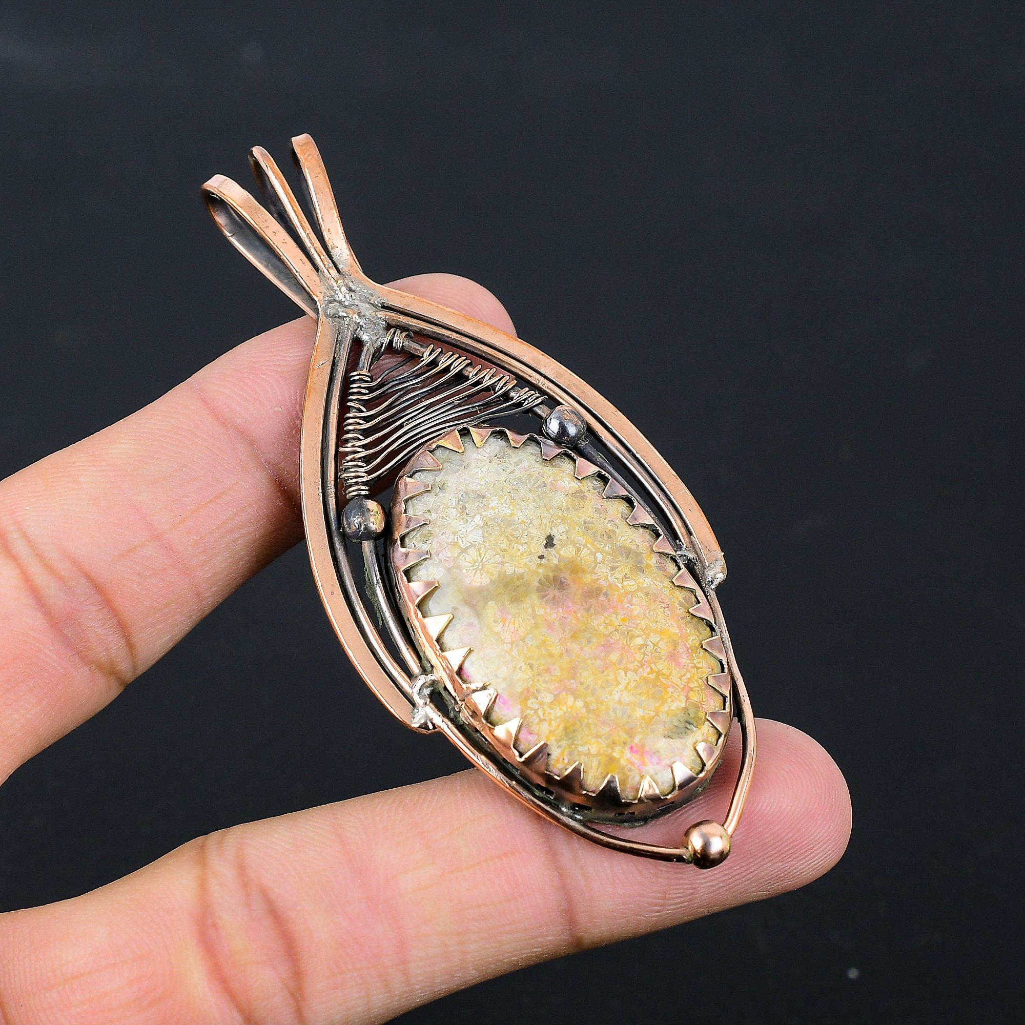 Elegant Fossil Coral Gemstone Pure Copper Wire Wrapped Handmade Pendant Jewelry