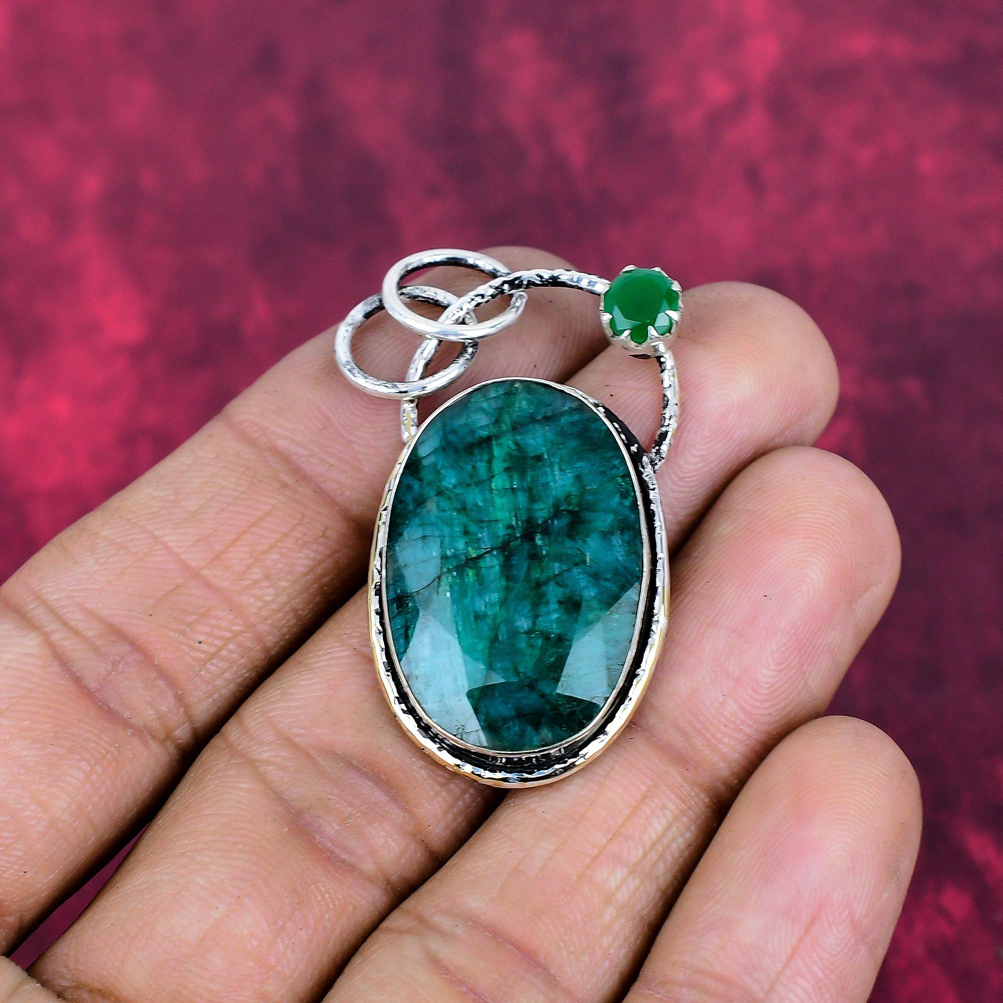 Lab Created Emerald & Green Onyx Pendant, 925 Sterling Silver Pendant Gemstone Jewelry, Handmade Pendant Amazing Jewelry, Gift For Her