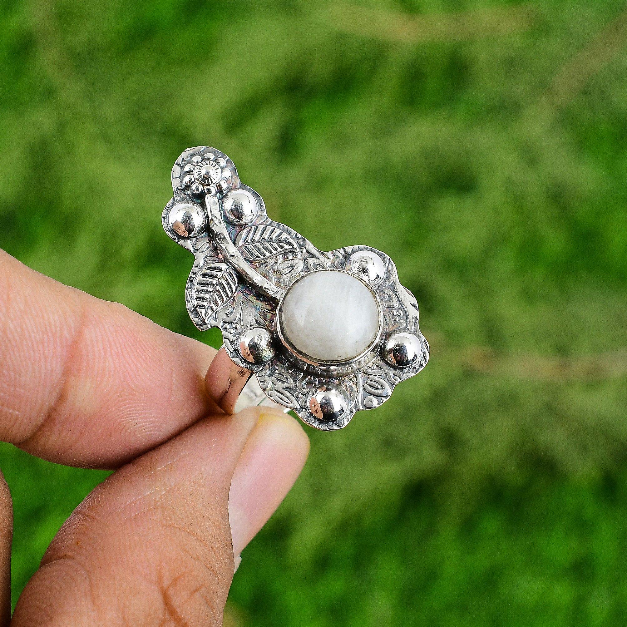 Mothers day Deal Rainbow Moonstone Gemstone Bezel Flower Ring Sterling Silver