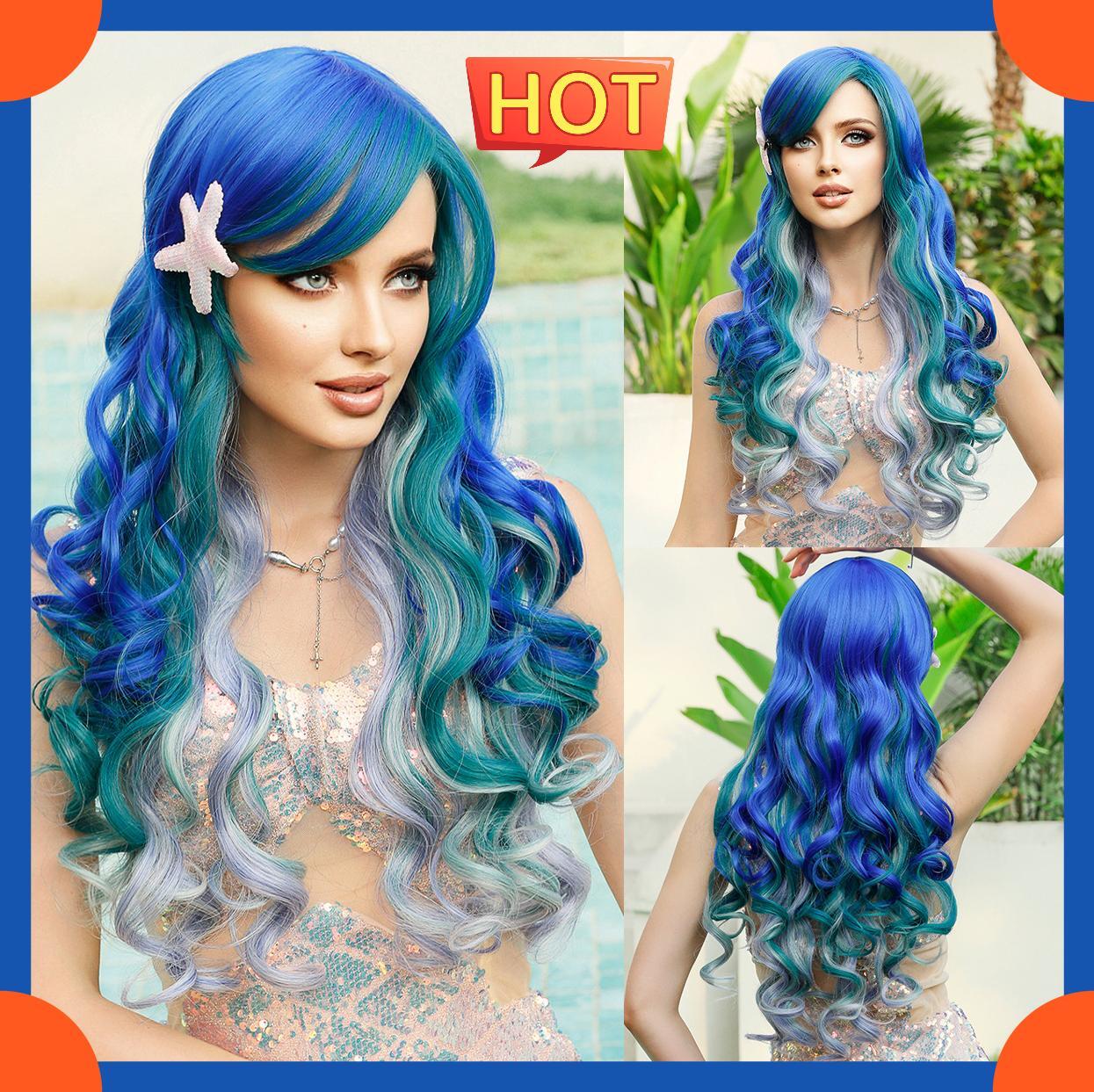 2025 European Fashion Long Wavy Curly Wig For Women Bule