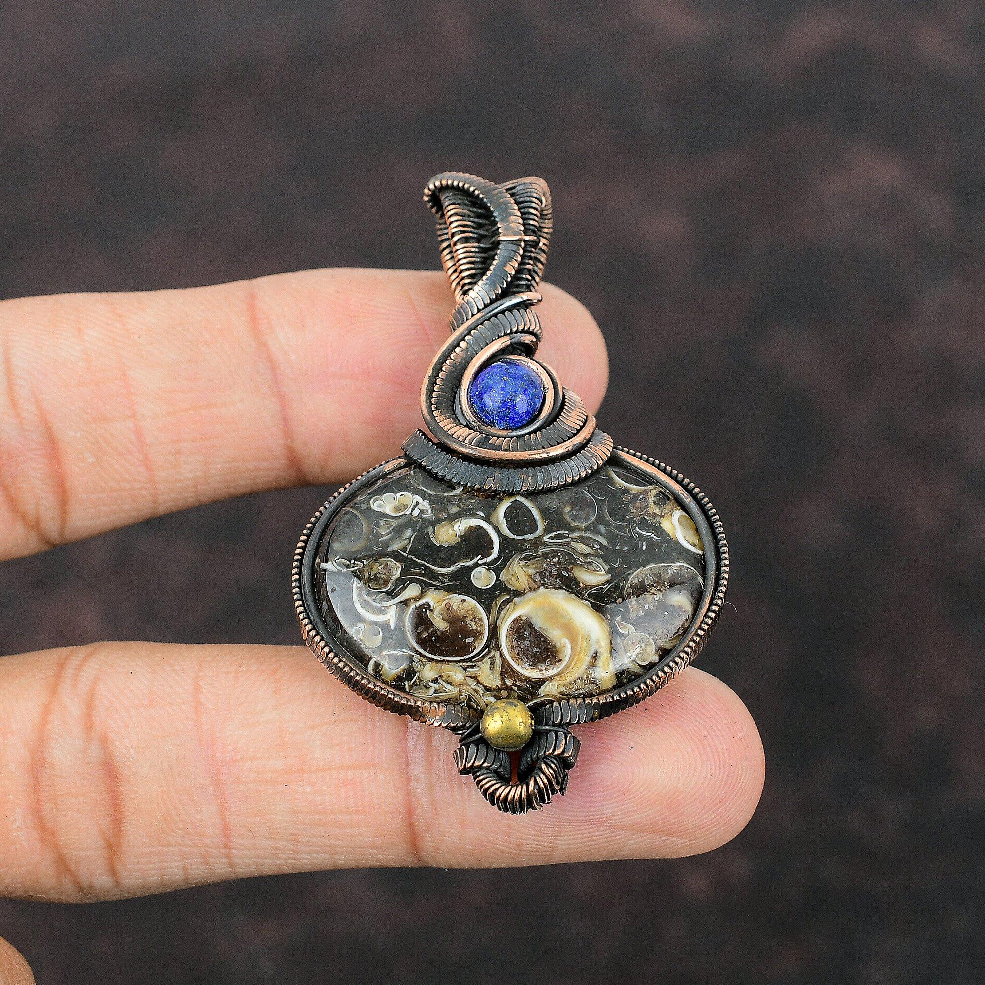 Turritella Agate Pendant Copper Wire Wrapped Pendant Lapis Lazuli Pendant Handmade Jewelry Natural Gemstone Pendant Copper Wire Wrap Jewelry