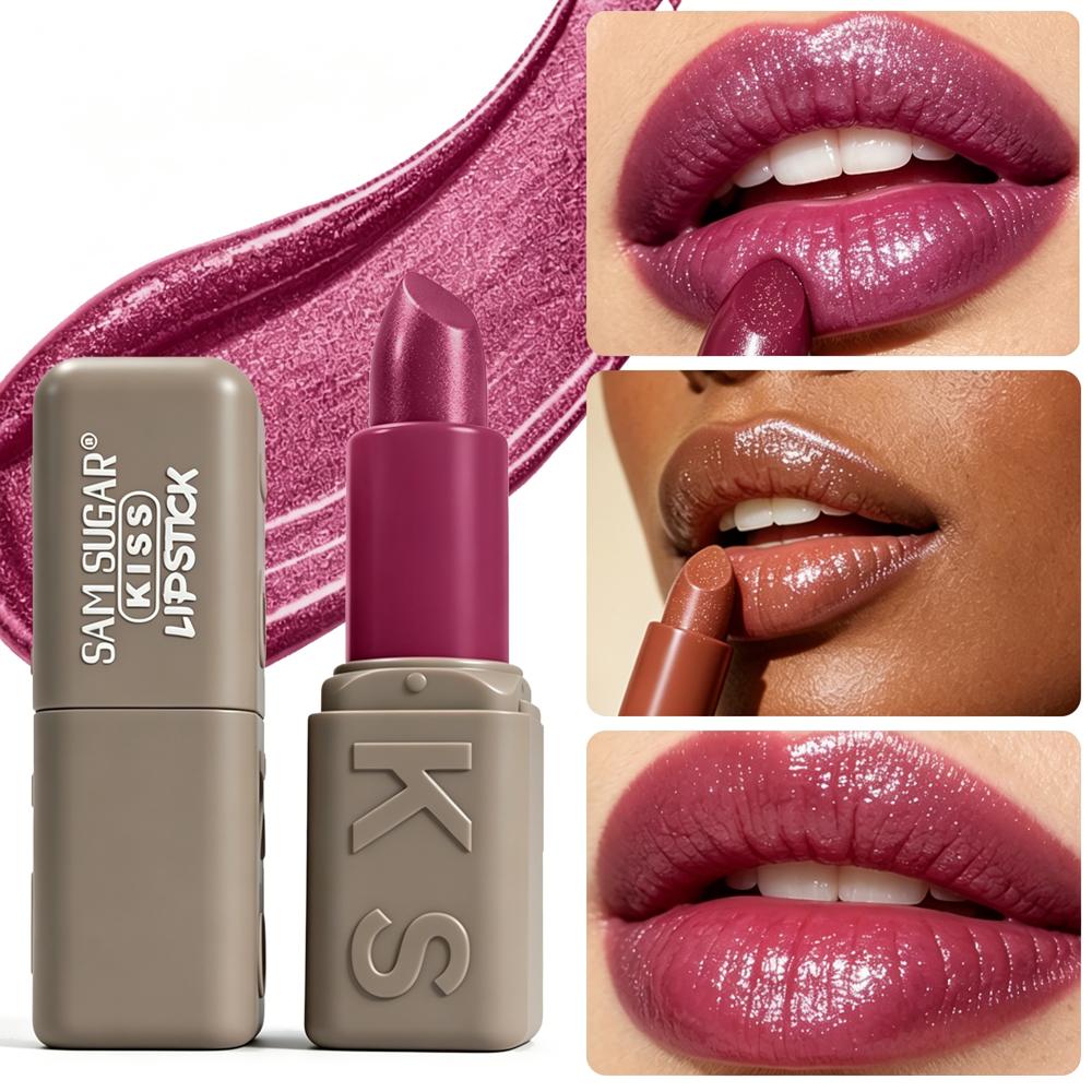 SAM SUGAR Rossetto Kiss Lucentezza Metallica Rossetto con Glitter Idratante Vellutato Liscio Alto Pigmento Non Granuloso Trucco Labbra Confortevole per Donne