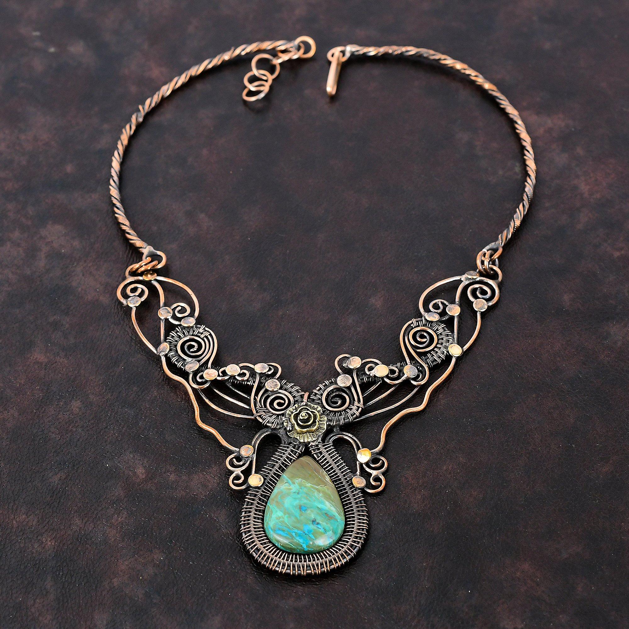 Chrysocolla Necklace Copper Wire Wrapped Necklace Handmade Necklace Gemstone Copper Jewelry Adjustable Necklace Wedding Gift Decent Jewelry