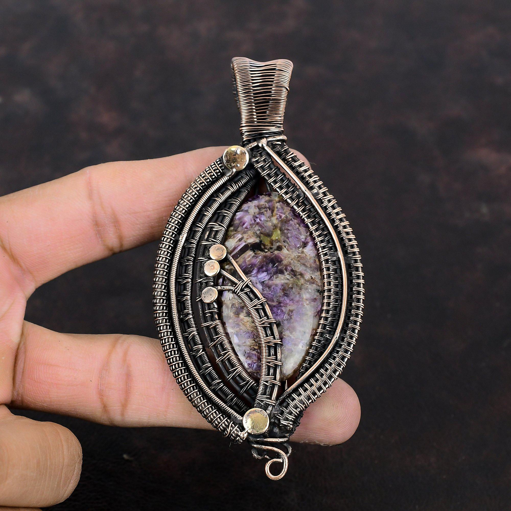 Charoit Anhänger Kupferdraht gewickelter Anhänger Handgefertigter Anhänger Charoit Edelstein Schmuck Antik Kupfer Schmuck Stilvoller Anhänger Geschenk für Mama