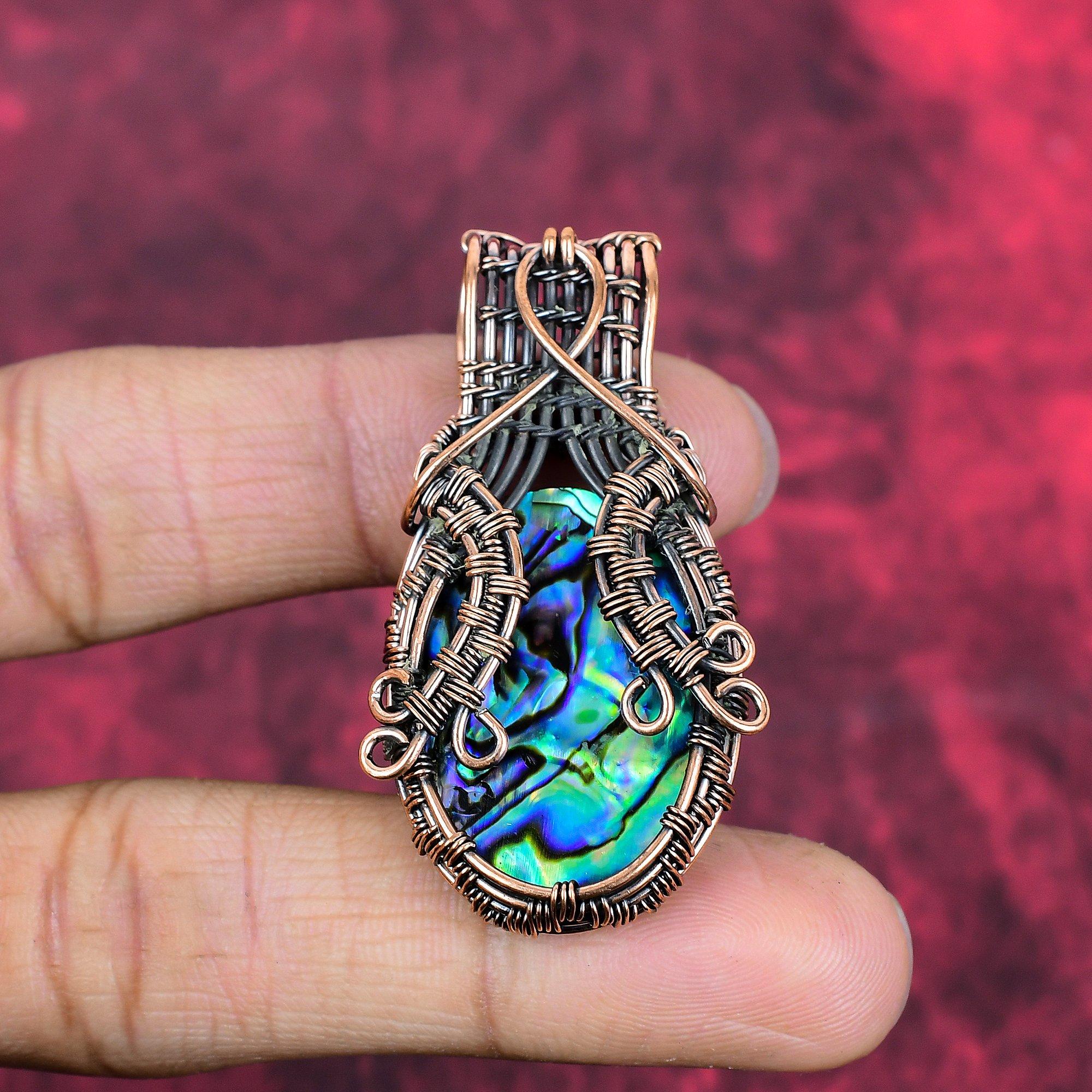 Pendentif en nacre de pāua pendentif enroulé de fil de cuivre bijoux en cuivre et nacre pendentif fait main cadeaux de mariage bijoux en fil de cuivre et pierres précieuses