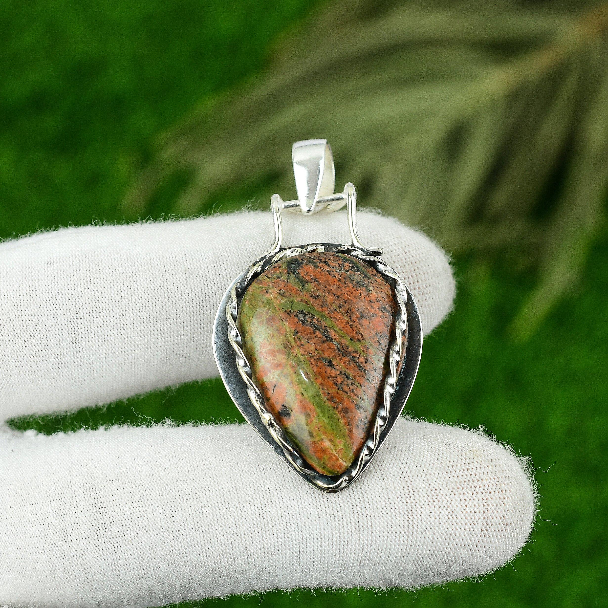 Natural Unakite Gemstone Indian Jewelry 925 Sterling Silver Pendant For Girls