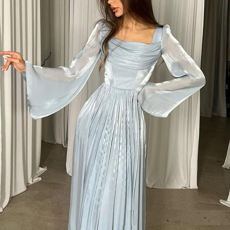 Female Square Neck Pleated Slim High Waisted Dress Women's Elegant Temperament Retro Court Style Long Sleeved Dresses 2025 Spring and Summer