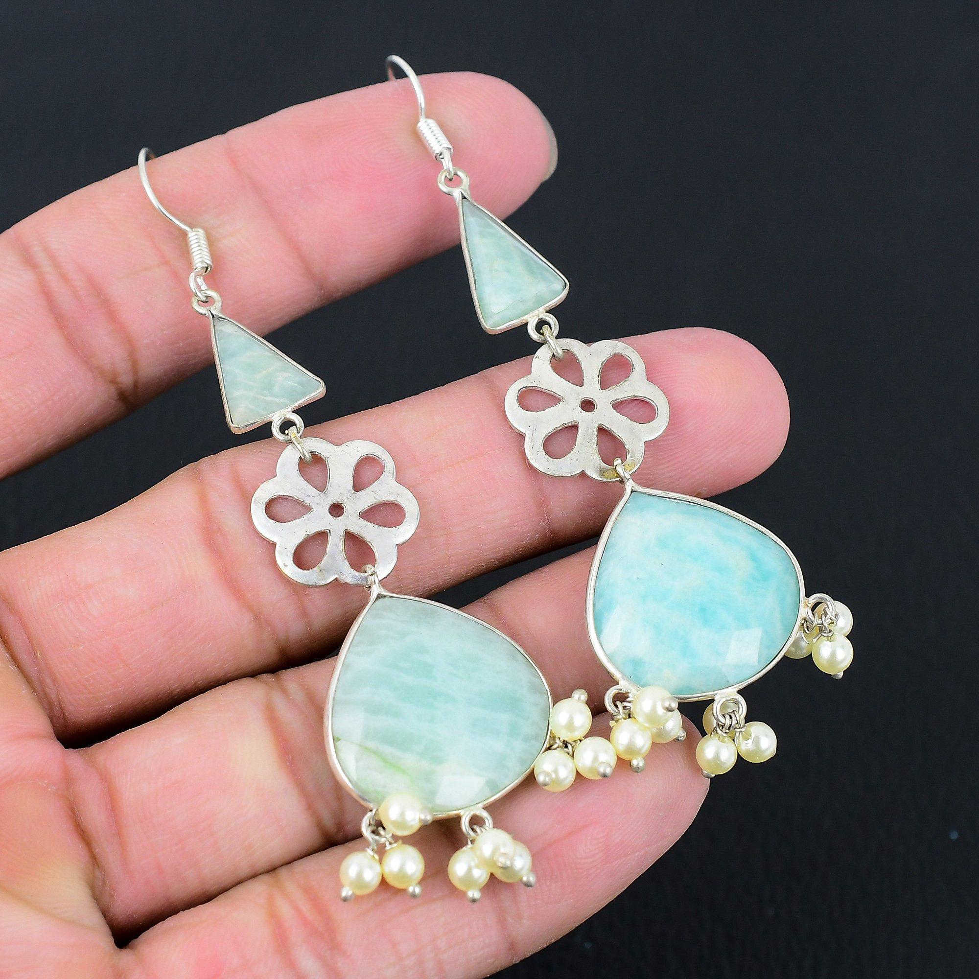 Anniversary Gift For Her Natural Amazonite Drop/Dangle Earrings 925 Silver