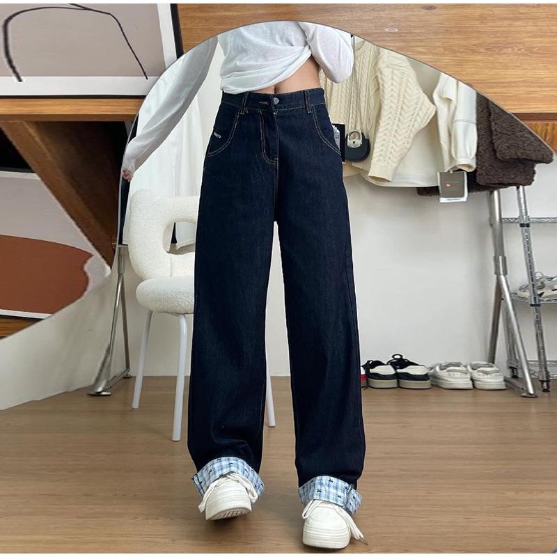 High Waist Wide Leg Jeans Women's 2025 Spring Season Worn-In Look Plaid Patchwork Cuffed Denim Loose Fit Straight Leg Trousers