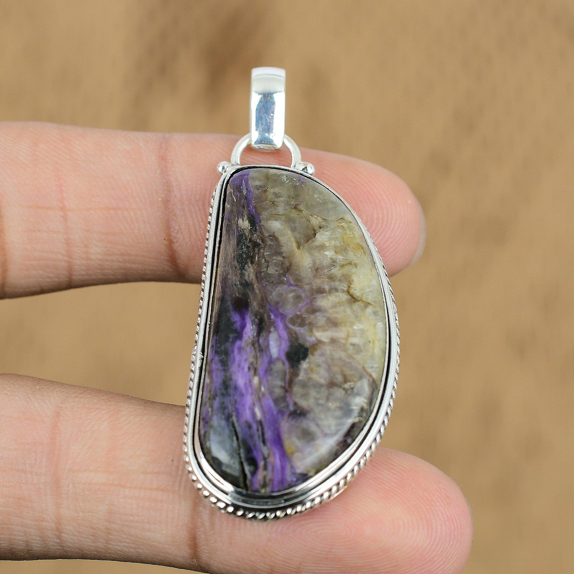 Natural Russian Charoite Gemstone Jewelry 925 Sterling Silver Pendant For Women