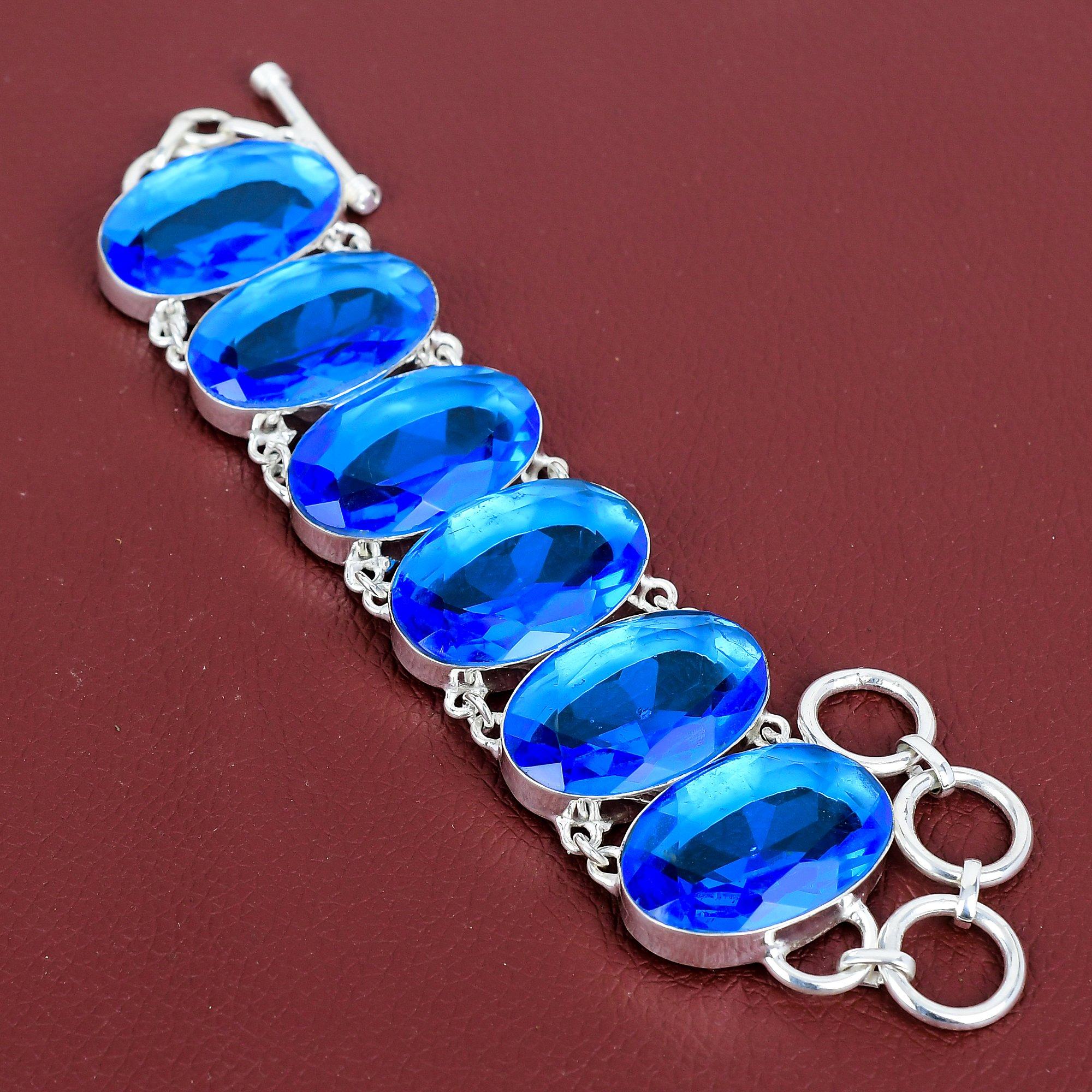 Faceted london blue topaz bracelet handmade gemstone bracelet 925 sterling silver bracelet adjustable chain bracelet silver jewelry for gift