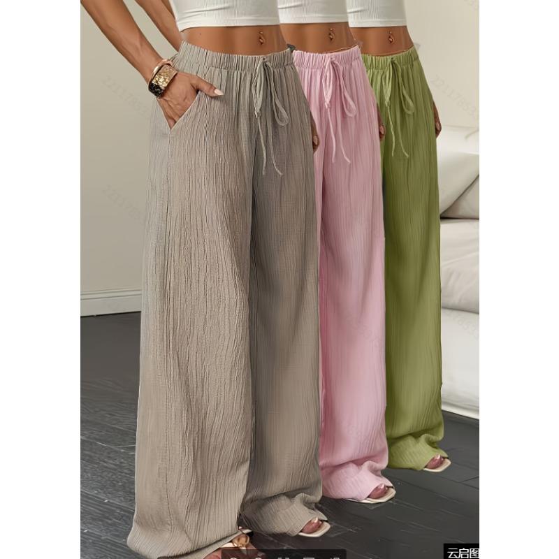 Women's Summer Casual Solid Color Textured Fabric Wide Leg Pants, Knot Waist Oblique Pocket Trousers