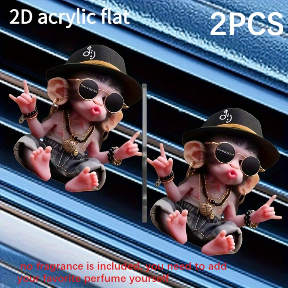 2D Flat, 2-pack Cute Hip-hop Monkey Car Air Vent Freshener Clips, Acrylic Aroma Diffuser with Pad, Stylish Car Interior,no Fragrance Is Included