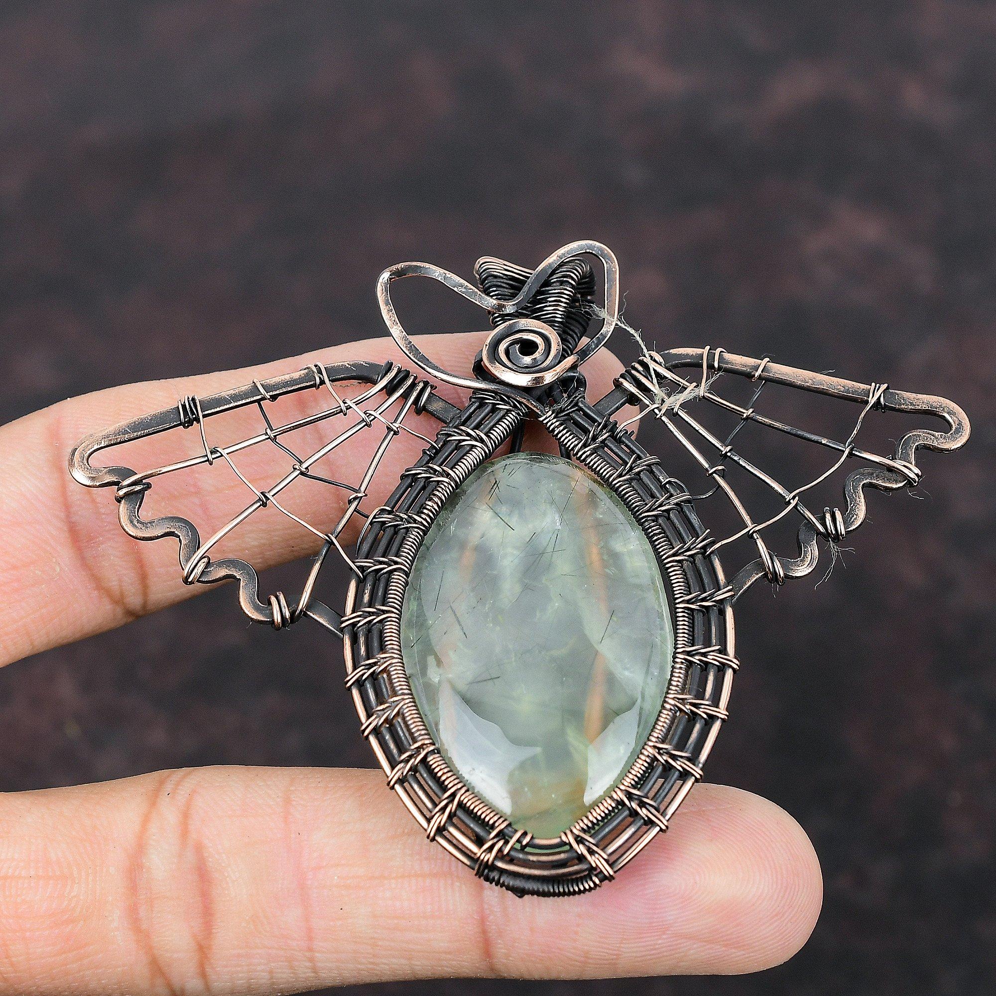 Mohás Prehnit Medál Rézhuzallal Tekert Drágakő Medál Kézzel Készített Mohás Prehnit Ékszer Halloween Ajándék Rézékszer Pillangó Medál