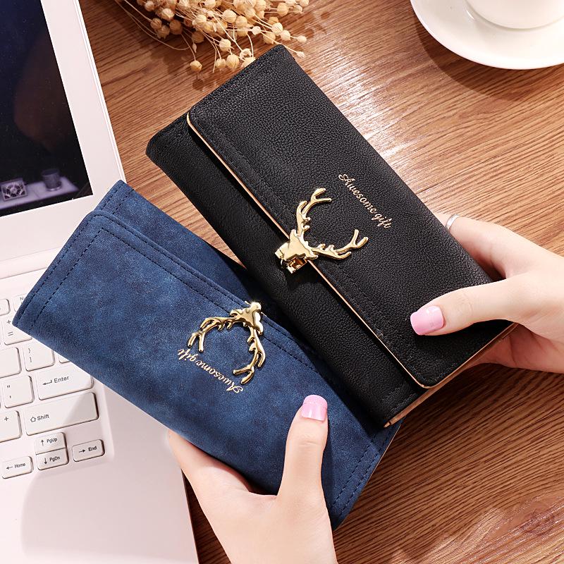 2024 New Fashion Deer Head Women's Long Wallet Trendy Cool PU Matte 3 Fold Billfold Multi Card Female Clutch Money Bag Change Pocket Girl Holiay Gifts