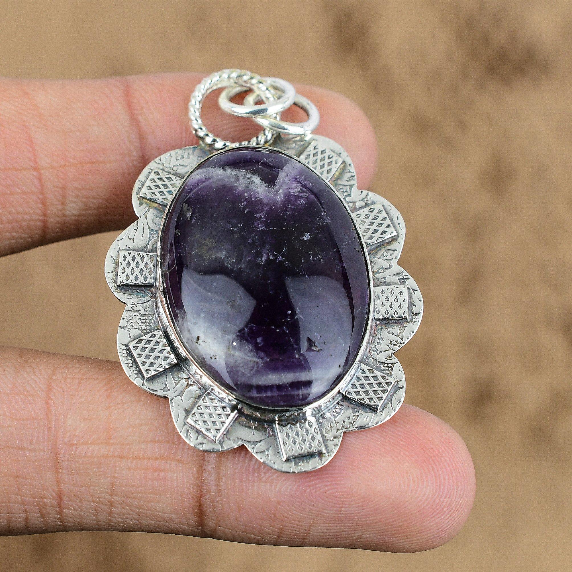 925 Sterling Silver Oval Chevron Amethyst Stone Artisan Handmade Pendant Jewelry