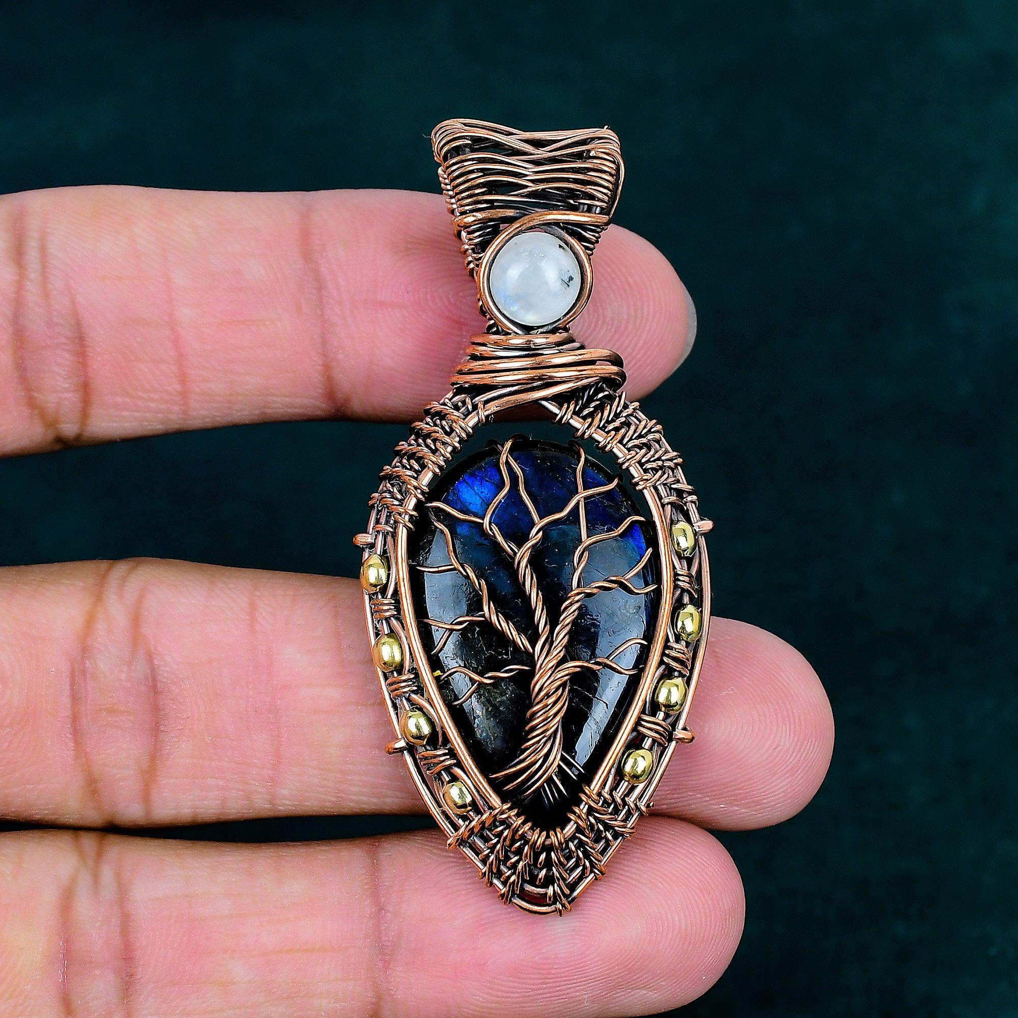 Labradorite Pendant Copper Wire Wrapped Pendant Handmade Birthstone Pendant Tree of Life Jewelry Rainbow Moonstone Jewelry Gemstone Pendant