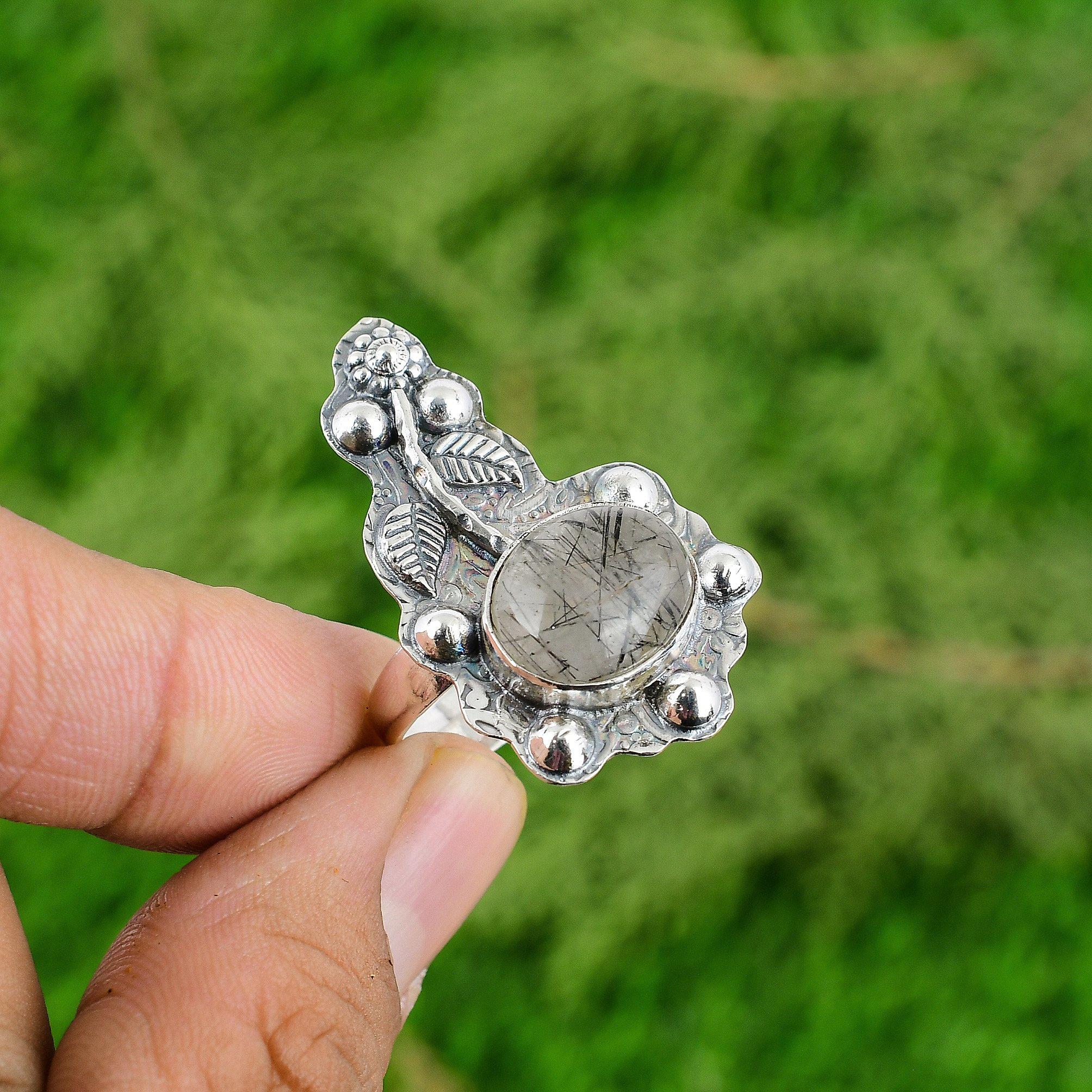 Gift For Women Statement Flower Adjustable Ring 925 Silver Natural Black Rutile