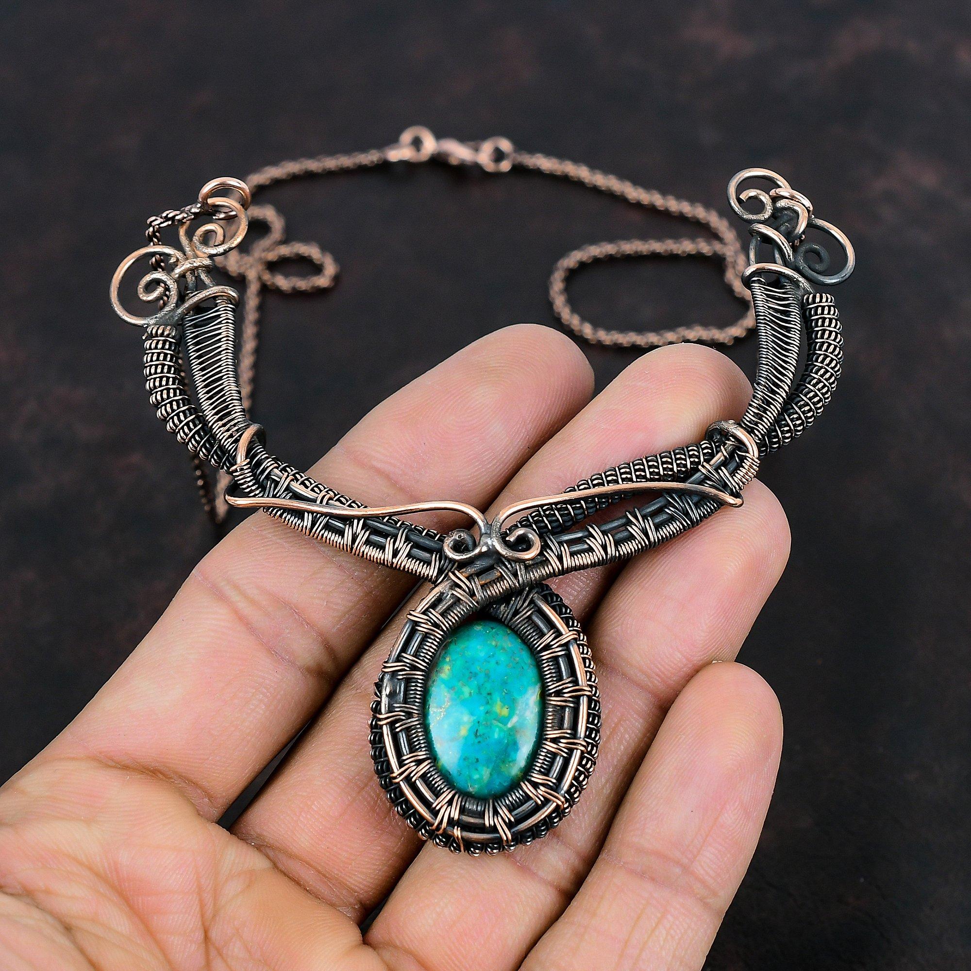 Collier Pierre Gemme Chrysocolle Bijou Enveloppé de Fil de Cuivre Collier en Cuivre Fait Main Collier Unique Cadeau pour Maman Beau Collier Enveloppé de Fil