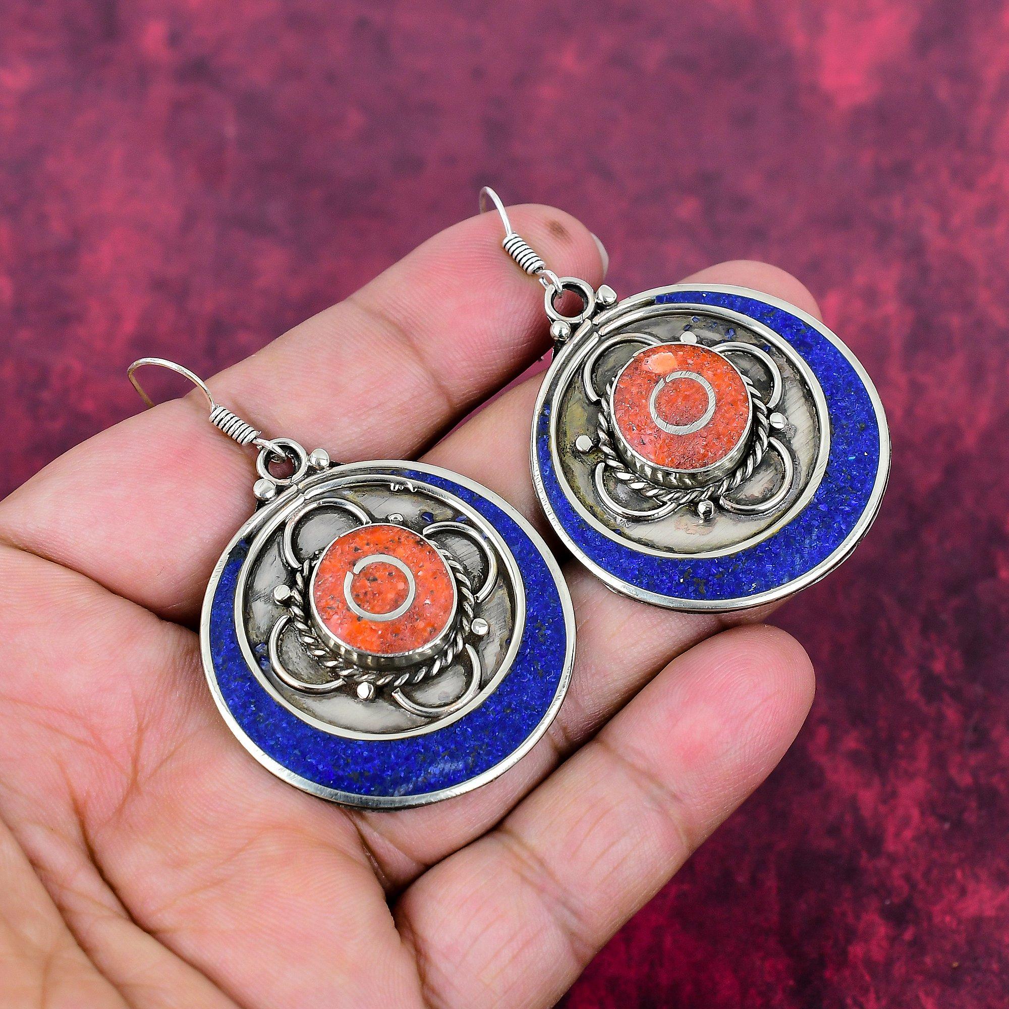 Lapis Lazuli & Coral 925 Solid Sterling Silver Nepali Earrings, Handmade Gemstone Earrings Jewelry, Gifts For Love Brand New Earrings