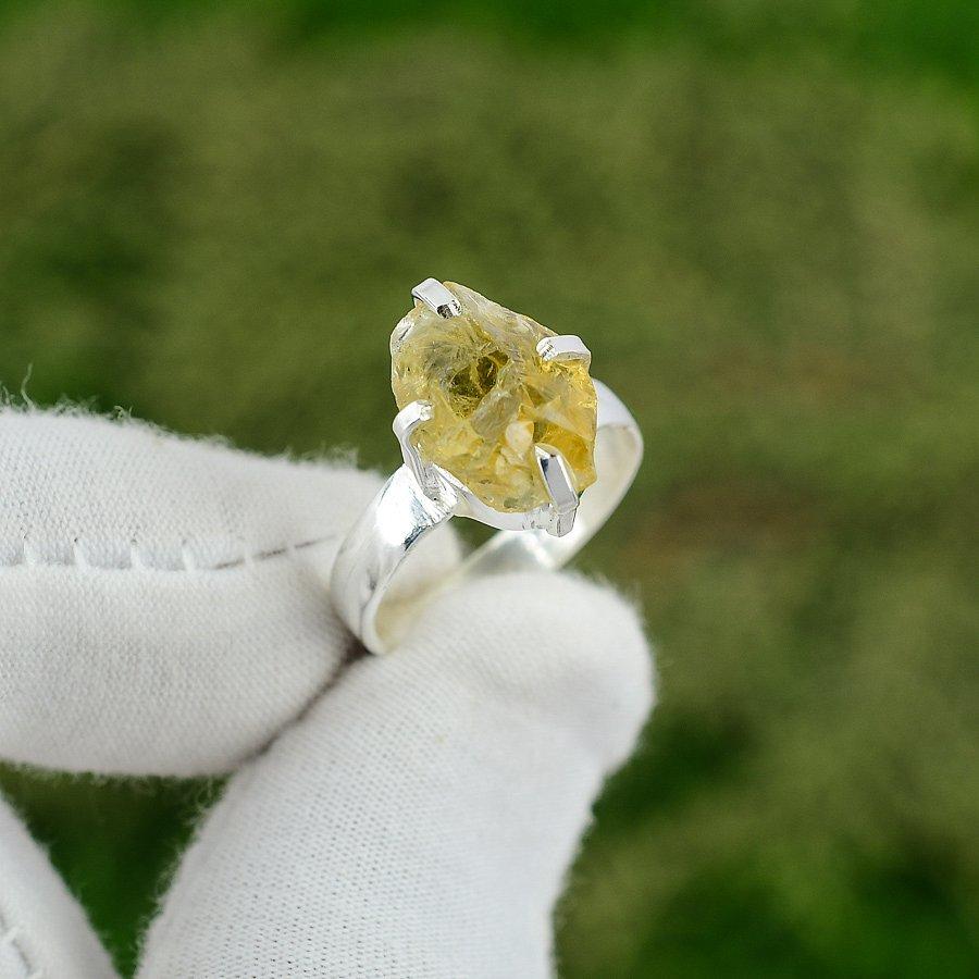 Birthday Gift For Her Natural Citrine Rough Solitaire Ring Size 7.5 925 Silver
