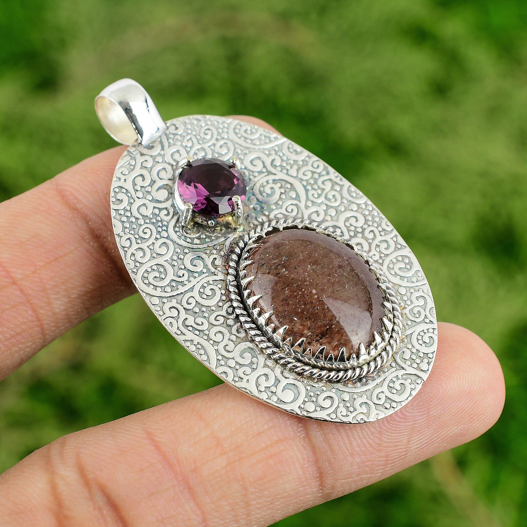 Sunstone Stone African Amethyst Sterling Silver Bezel Engagement Pendant Jewelry