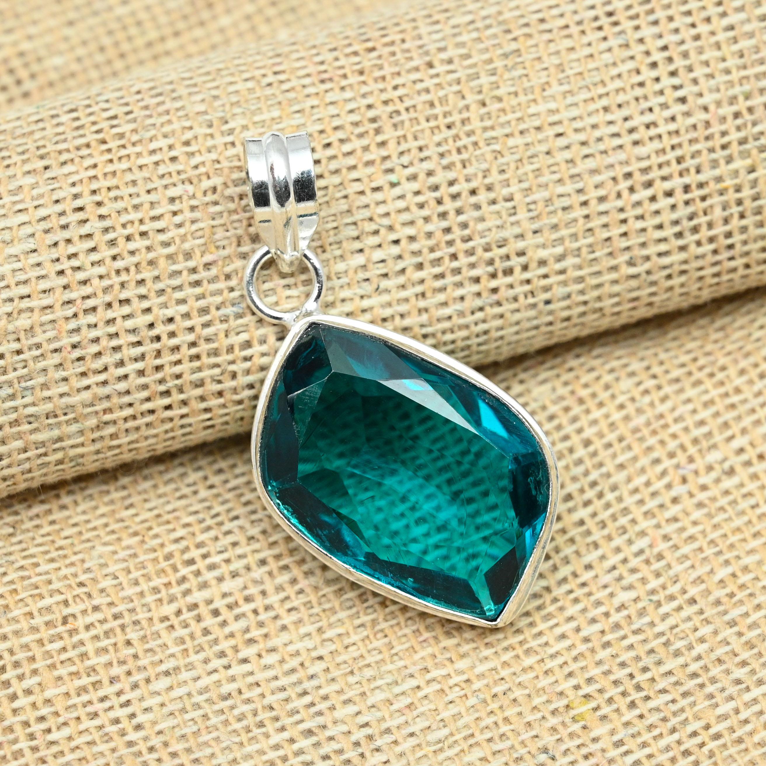 Aqua Apatite Gemstone Solid 925 Sterling Silver Antique Jewelry Handmade Pendant