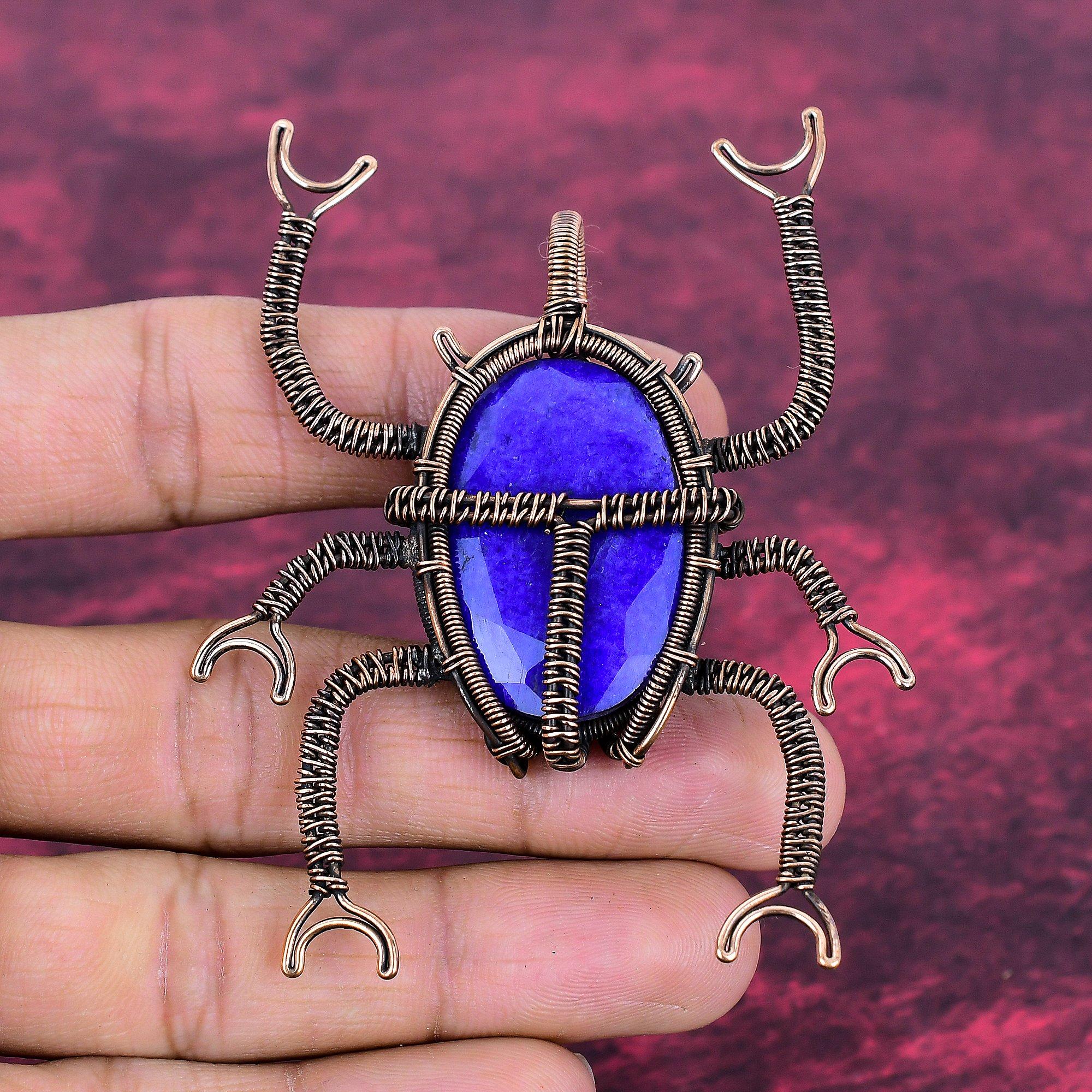 Faceted Blue Sapphire Pendant Copper Wire Wrapped Jewelry Gemstone Beetle Pendant