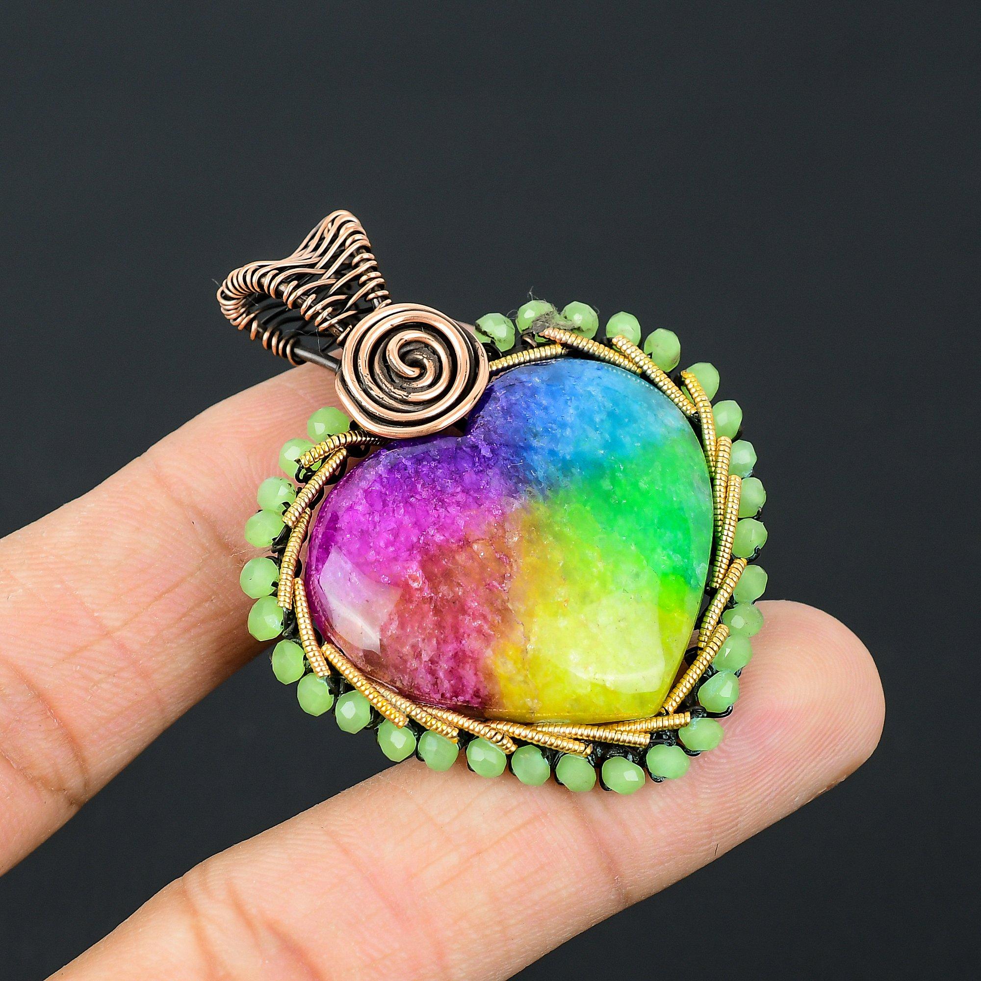 Rainbow Solar Quartz Gemstone Handmade Copper Wire Wrap Jewelry Pendant For Women